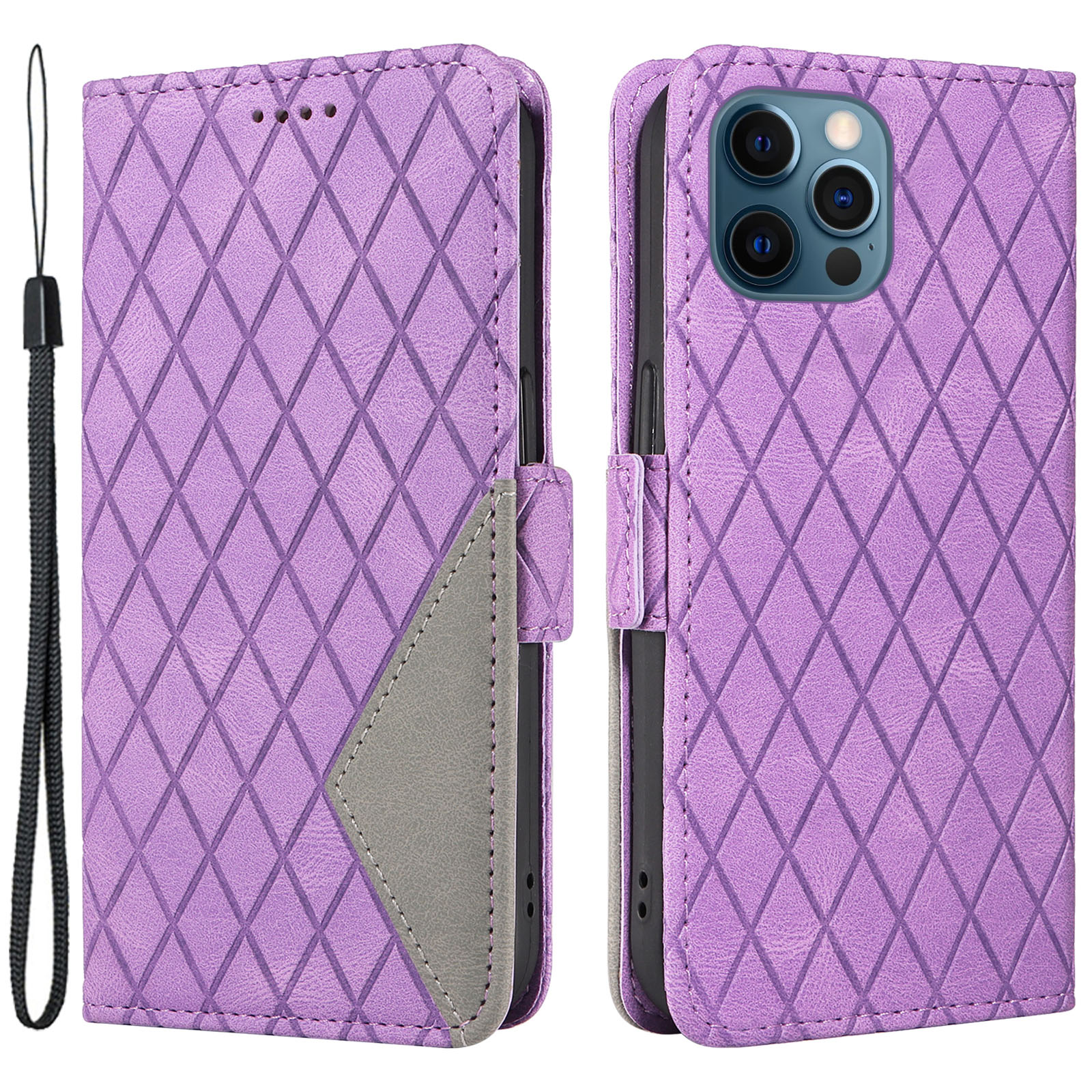 

Anti-fall-cover Für Iphone 13 Pro Max 6,7 Zoll Farbspleißen Rhombus Eingeprägter Telefonständer Brieftasche Lederhülle - Lila, iPhone 13 Pro Max
