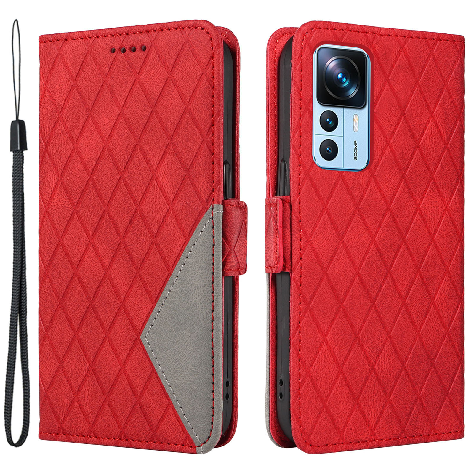 

Brieftaschenstand Fall Für Xiaomi 12t 5G / 12t Pro 5g / Redmi K50 Ultra pu Leder Rhombus Eingeprägter Telefonabdeckung - Rot, Xiaomi 12T 5G