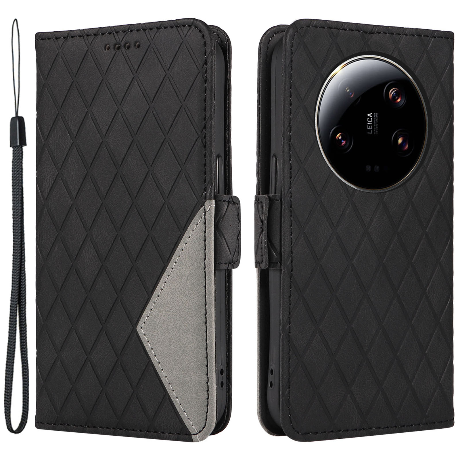 

Farbspleißleder Für Xiaomi 13 Ultra Wallet Stand Rhombus Eingeprägter Telefonabdeckung - Schwarz, Xiaomi 13 Ultra