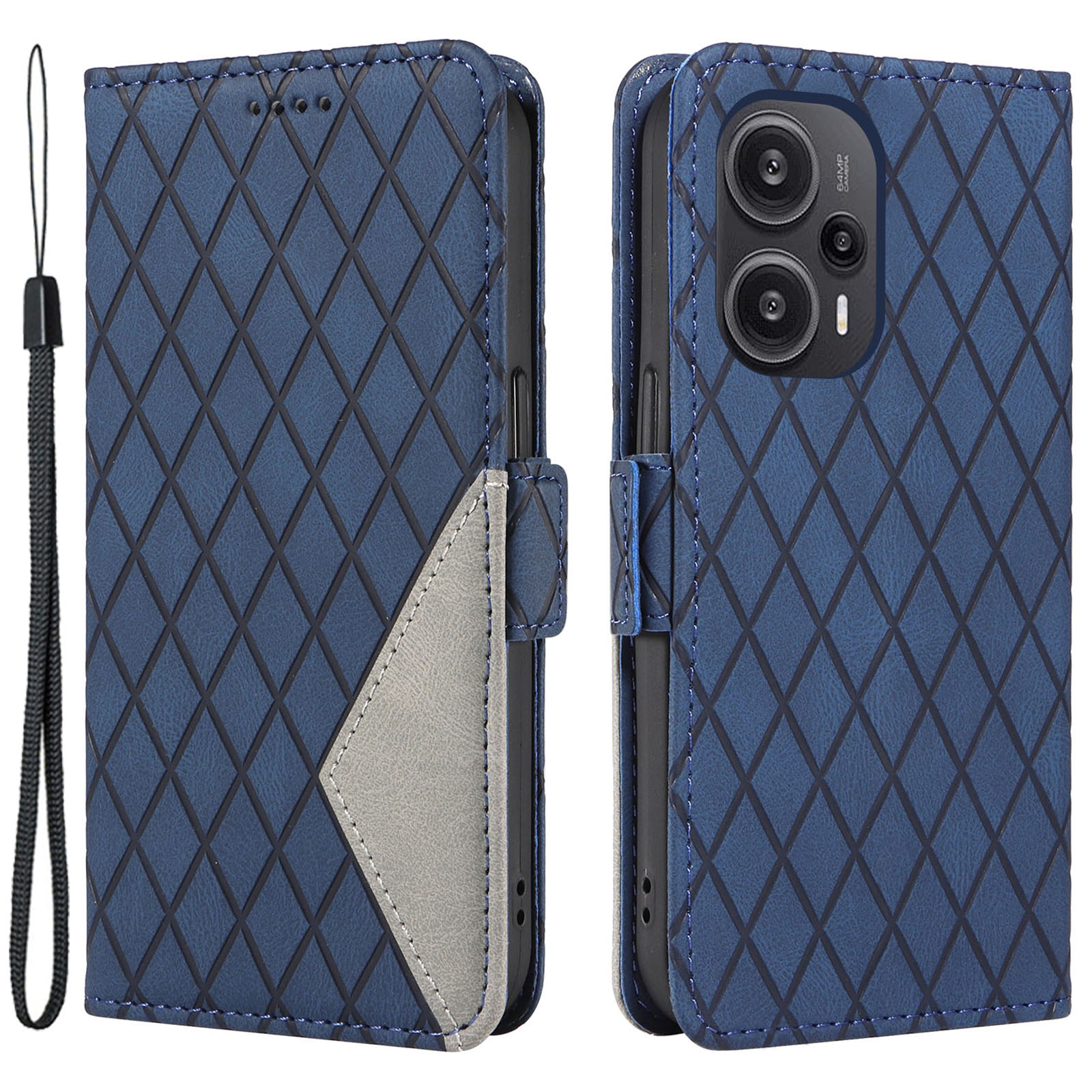 

Brieftasche Ledertasche Für Xiaomi Redmi Note 12 Turbo / Poco F5 5G Farbspleißen Rhombus Eingeprägter Telefonständer Cover - Blau, Xiaomi Redmi Note 12 Turbo