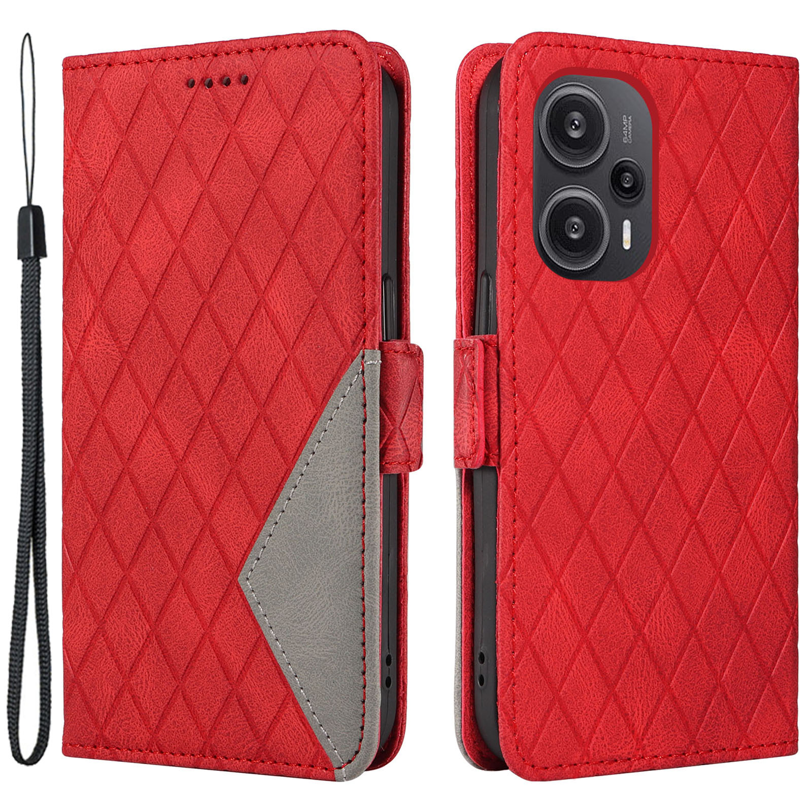 

Brieftasche Ledertasche Für Xiaomi Redmi Note 12 Turbo / Poco F5 5G Farbspleißen Rhombus Eingeprägter Telefonständer Cover - Rot, Xiaomi Redmi Note 12 Turbo