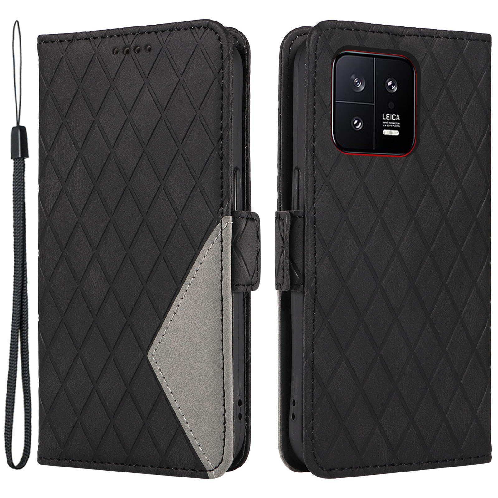 

Lederhülle Mit Standbrieftasche Für Xiaomi 13 Farbspleißen Rhombus -gedruckte Telefonabdeckung - Schwarz, Xiaomi 13