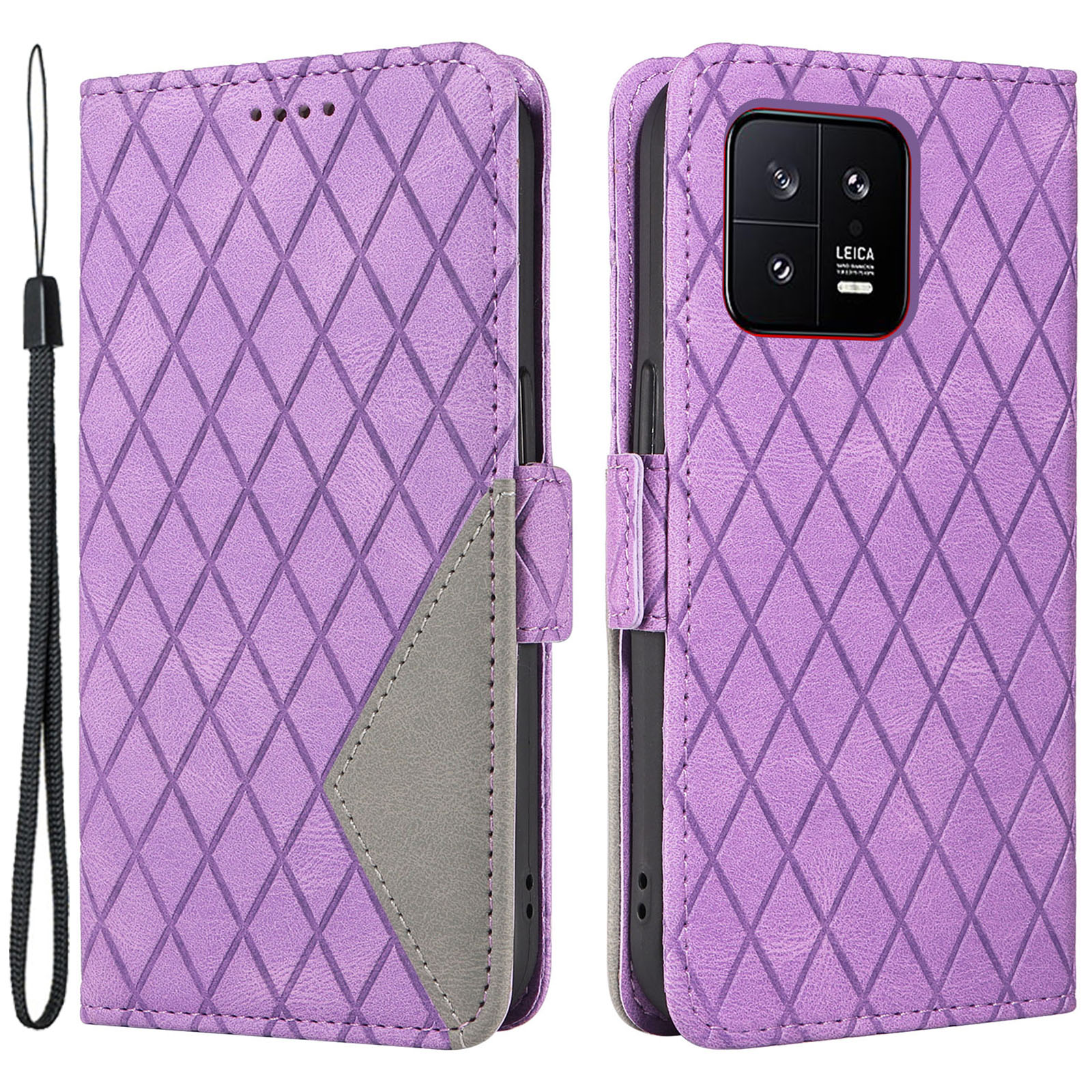 

Lederhülle Mit Standbrieftasche Für Xiaomi 13 Farbspleißen Rhombus -gedruckte Telefonabdeckung - Lila, Xiaomi 13