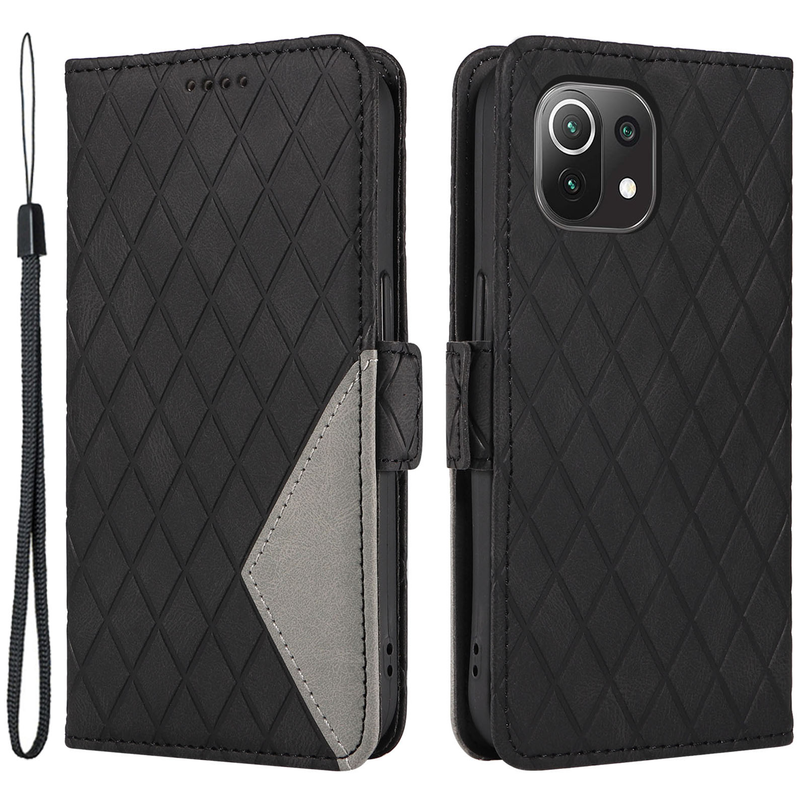 

Für Xiaomi 11 Lite 5g NE / Mi 11 Lite 5G / 4G Wallet PU Leder Telefon Deckständer Rhombus Eingeprägter Gehäuse - Schwarz, Xiaomi 11 Lite 5G NE