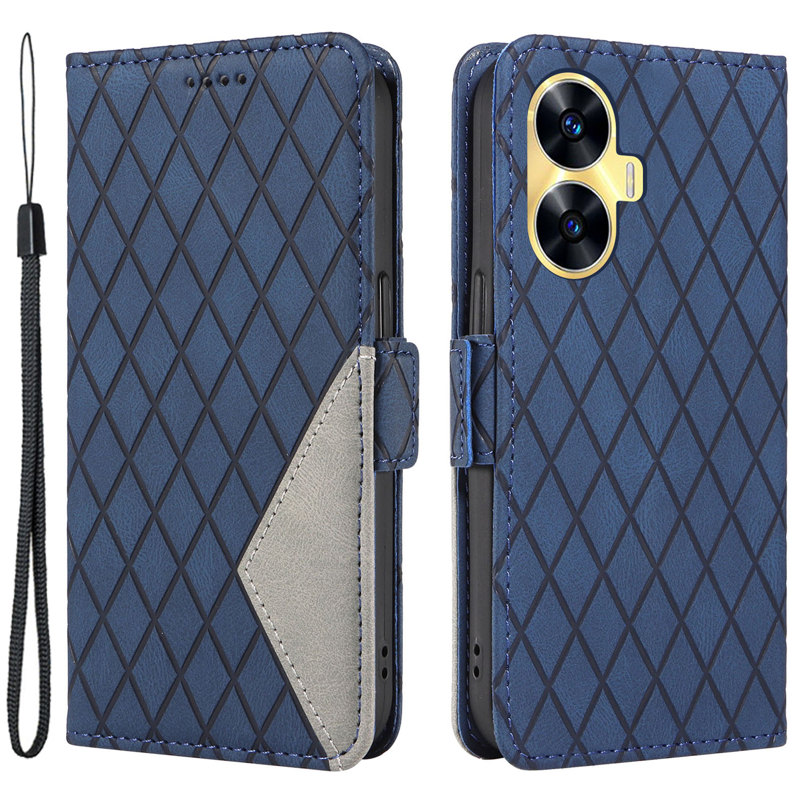 

Für Realme C55 PU Leder Phone Hülle Farbspleißen Rhombus Eingeprägter Brieftaschenständer Mit Riemen - Blau, Realme C55