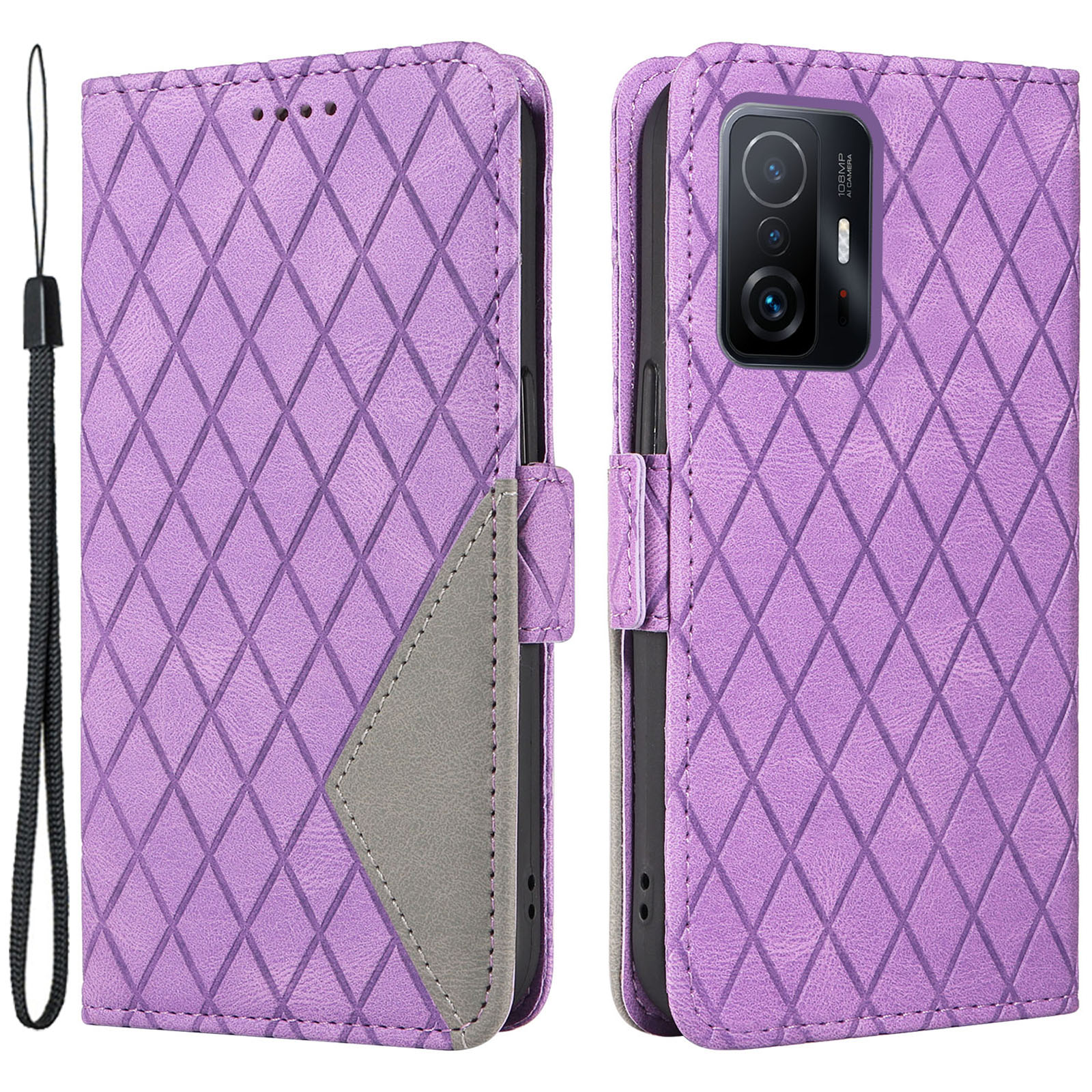 

Stand Telefonabdeckung Für Xiaomi 11t 5G / 11t Pro 5G PU Leder Brieftasche Rhombus Geprägtes Gehäuse - Lila, Xiaomi 11T 5G