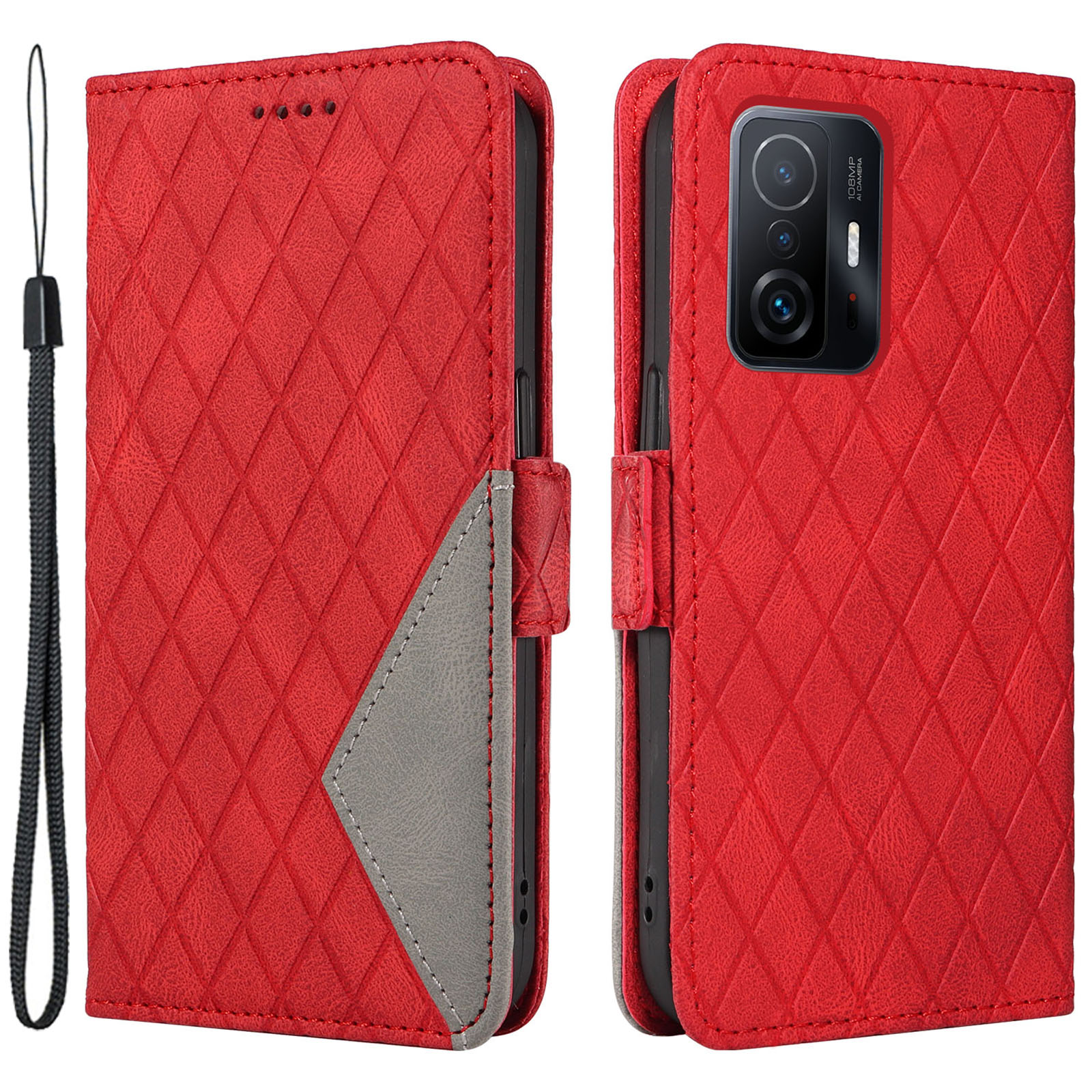 

Stand Telefonabdeckung Für Xiaomi 11t 5G / 11t Pro 5G PU Leder Brieftasche Rhombus Geprägtes Gehäuse - Rot, Xiaomi 11T 5G