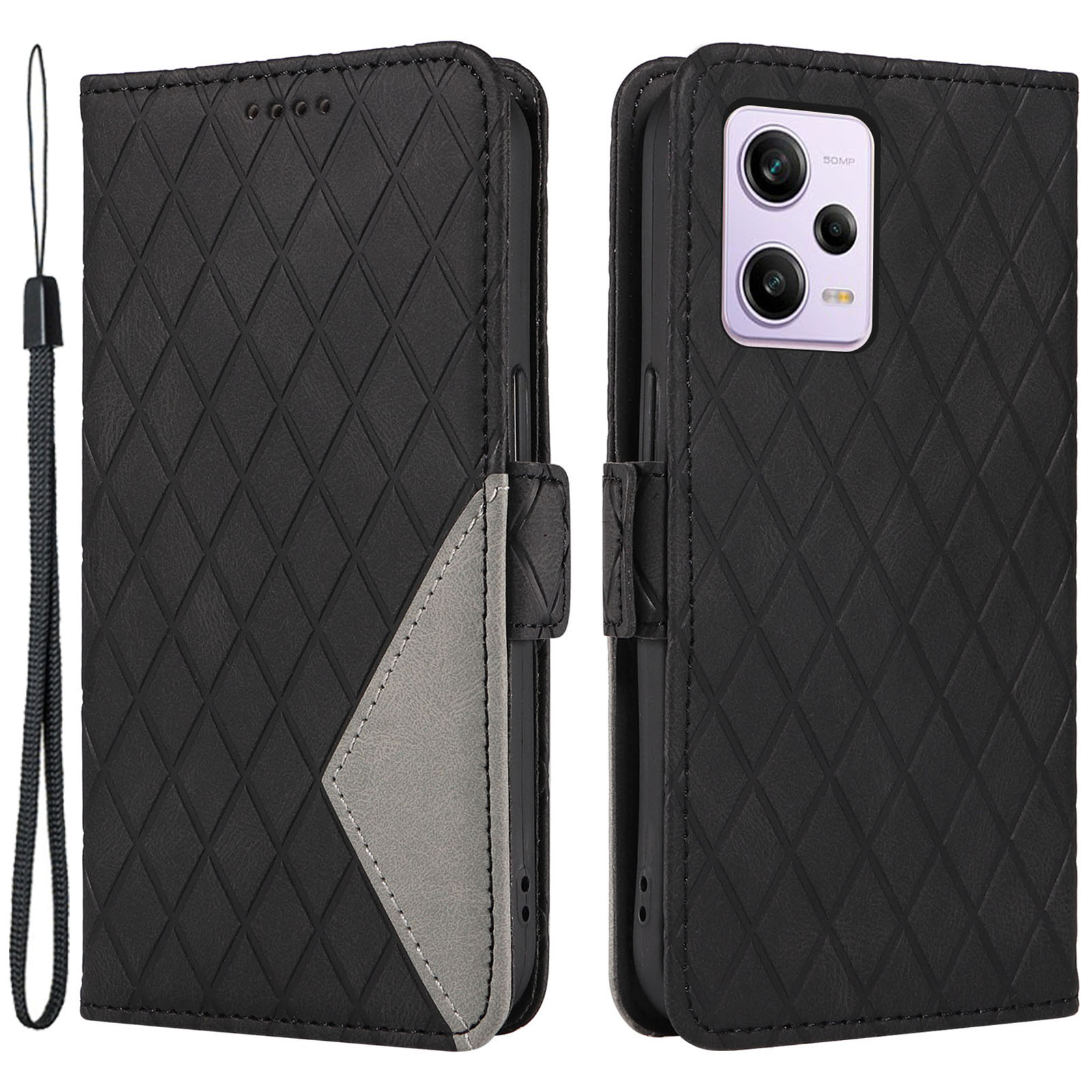 

PU Lederstand Hülle Für Xiaomi Redmi Note 12 Pro 5G Rhombus Eingeprägtes Telefon Brieftaschenabdeckung - Schwarz, Xiaomi Redmi Note 12 Pro 5G
