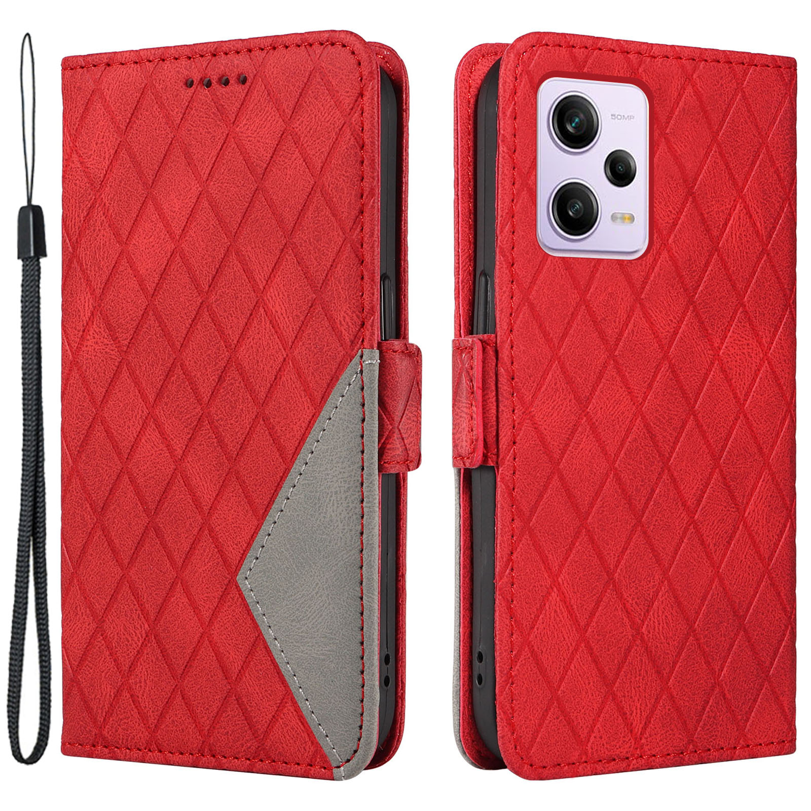 

PU Lederstand Hülle Für Xiaomi Redmi Note 12 Pro 5G Rhombus Eingeprägtes Telefon Brieftaschenabdeckung - Rot, Xiaomi Redmi Note 12 Pro 5G