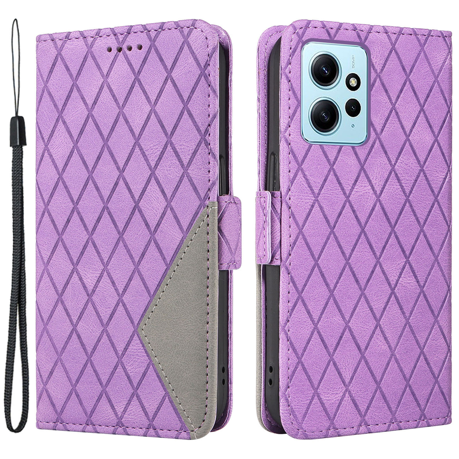 

Für Xiaomi Redmi Note 12 4G Leder -telefonhülle Mit Brieftaschenstand, Rhombus -gefährdete Farbspleißabdeckung - Lila, Xiaomi Redmi Note 12 4G