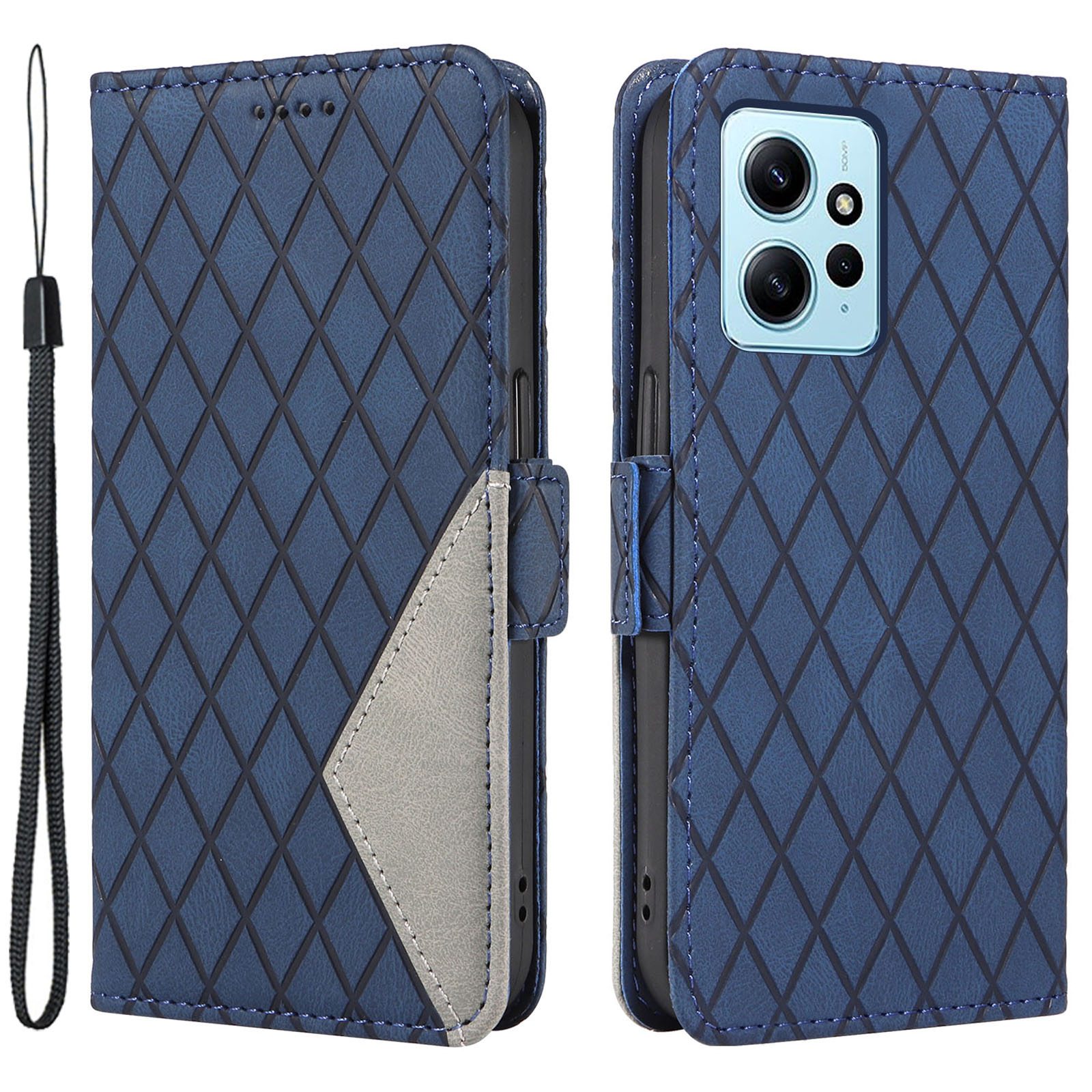 

Für Xiaomi Redmi Note 12 4G Leder -telefonhülle Mit Brieftaschenstand, Rhombus -gefährdete Farbspleißabdeckung - Blau, Xiaomi Redmi Note 12 4G