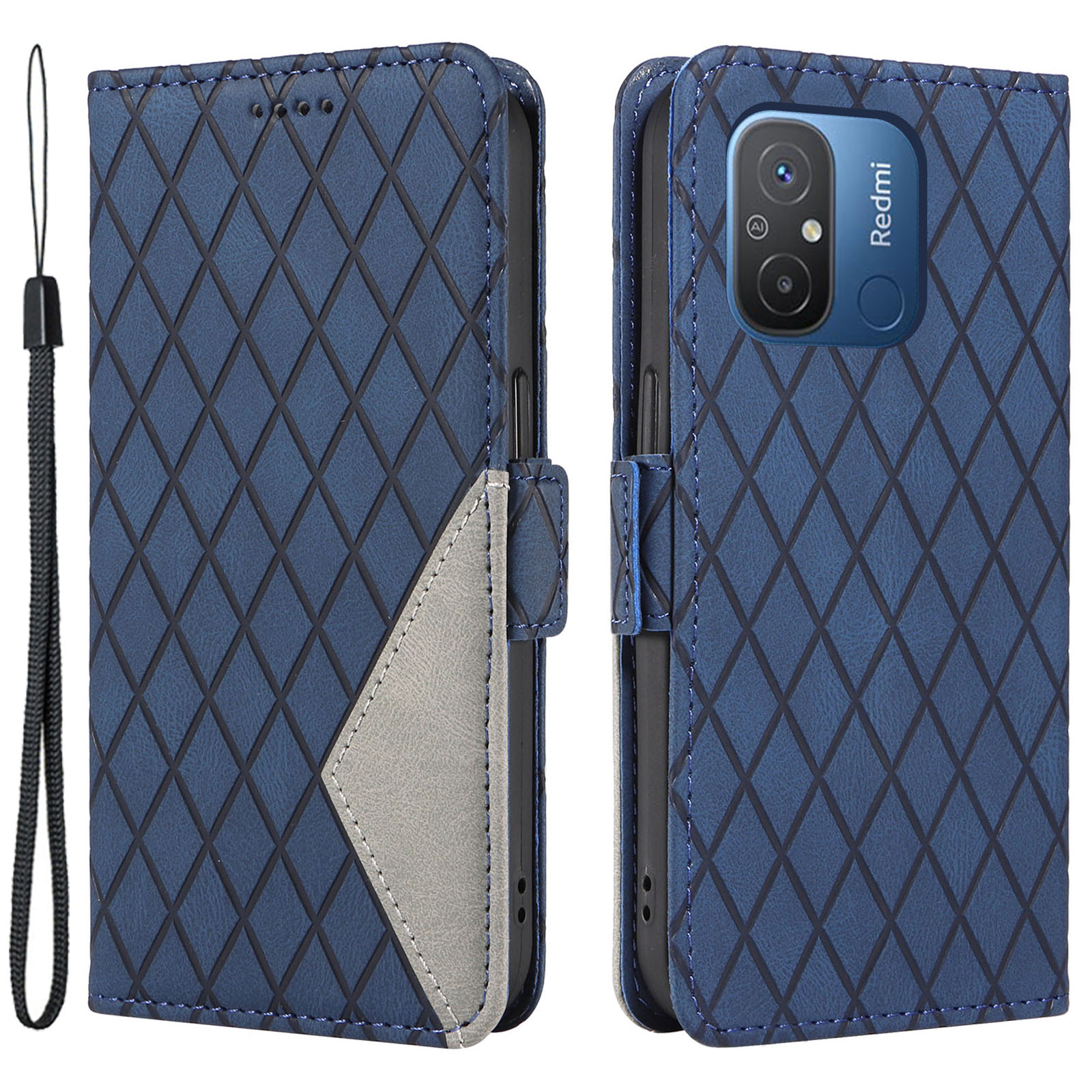 

Leder -telefonabdeckung Für Xiaomi Redmi 12c 4g / Redmi 11a 4G Rhombus Eingeprägter Brieftaschenstand Fall - Blau, Xiaomi Redmi 12C 4G