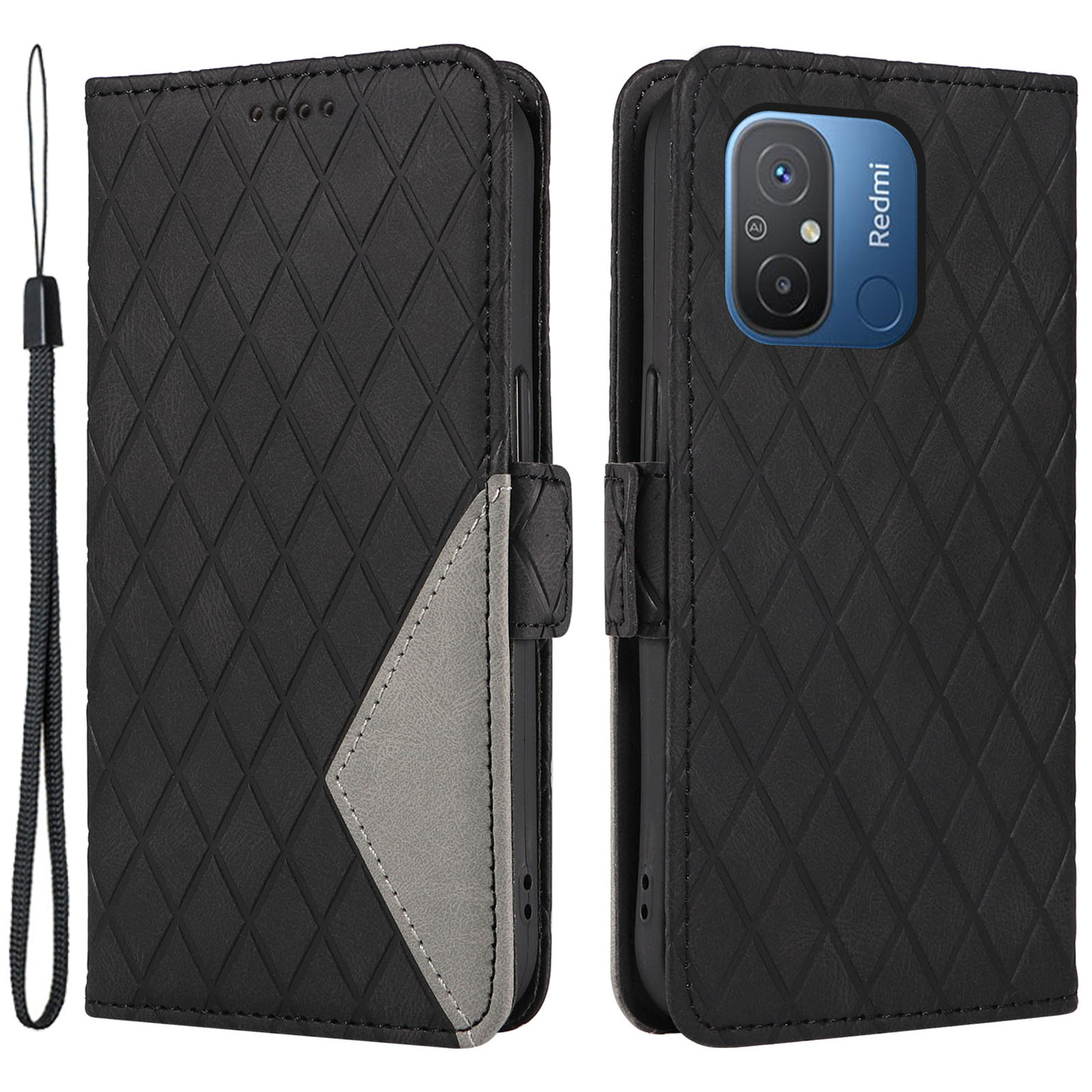 

Leder -telefonabdeckung Für Xiaomi Redmi 12c 4g / Redmi 11a 4G Rhombus Eingeprägter Brieftaschenstand Fall - Schwarz, Xiaomi Redmi 12C 4G