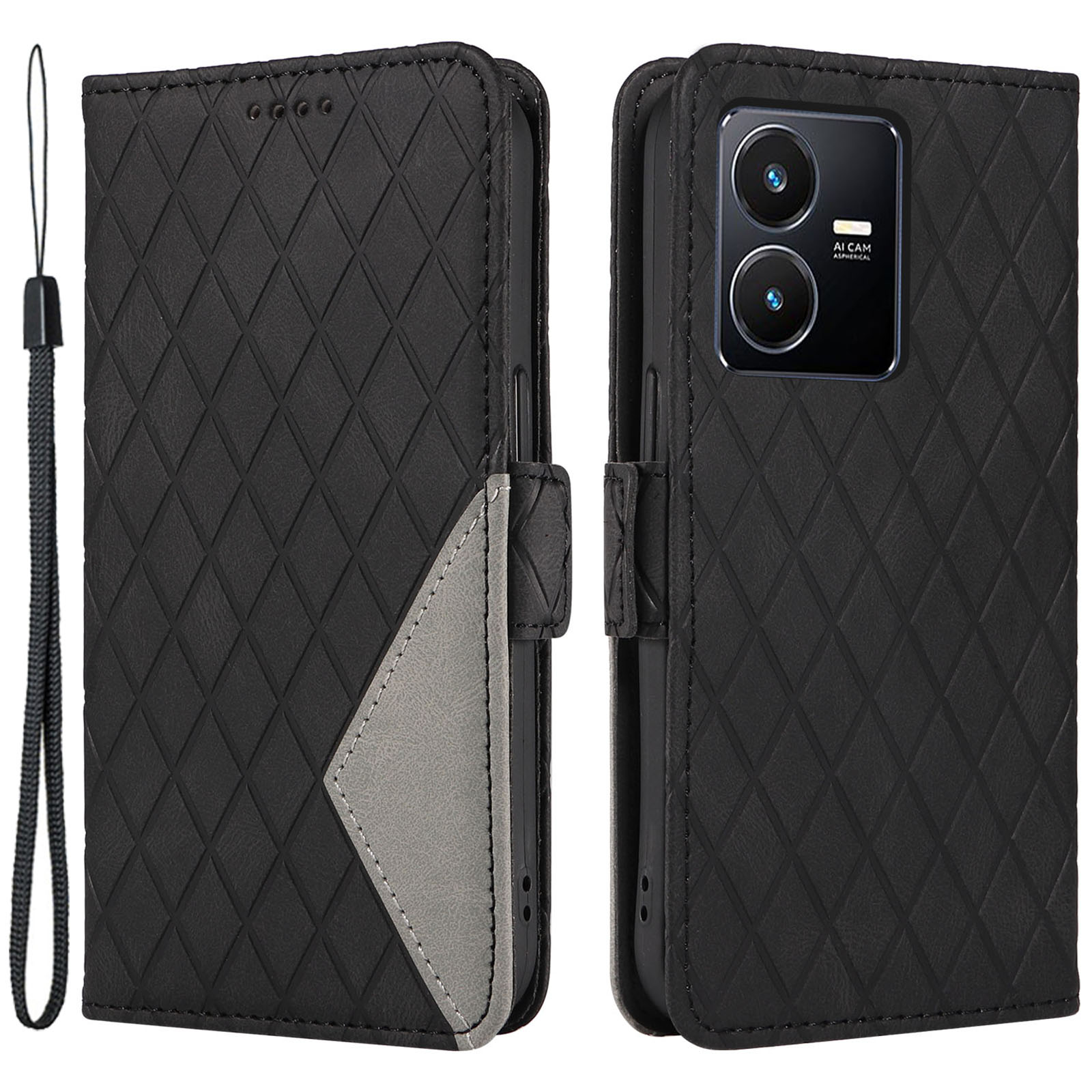 

Für Vivo Y35 4g (2022) / Y22s 4G / Y22 4G Leder Hülle Ständer Rhombus Eingeprägter Telefonbrieftaschenabdeckung - Schwarz, vivo Y35 4G (2022)