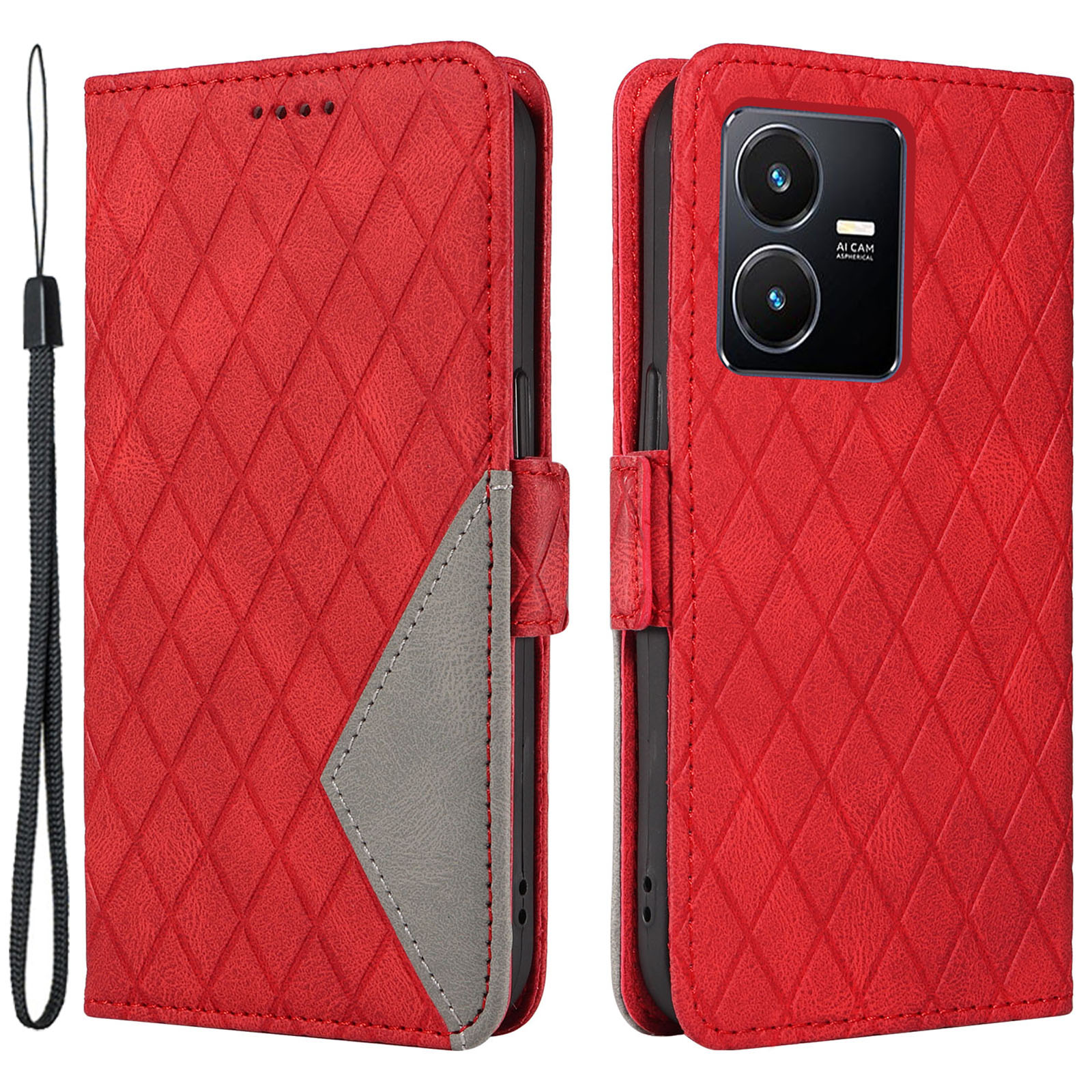 

Für Vivo Y35 4g (2022) / Y22s 4G / Y22 4G Leder Hülle Ständer Rhombus Eingeprägter Telefonbrieftaschenabdeckung - Rot, vivo Y35 4G (2022)