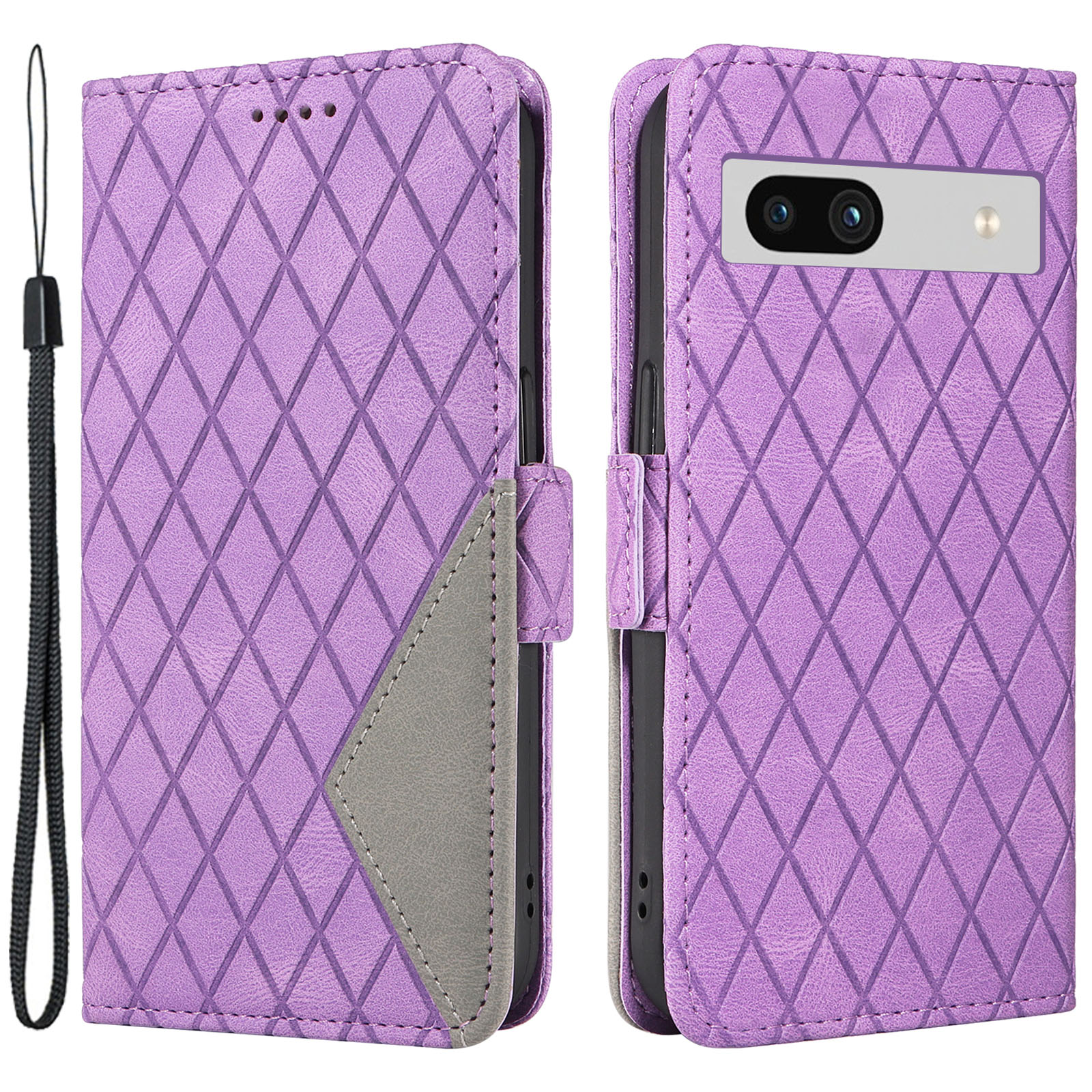 

Rhombus Eingeprägter Standhülle Für Google Pixel 7a Farbspleißen PU Leder Brieftasche Telefonabdeckung - Lila, Google Pixel 7a