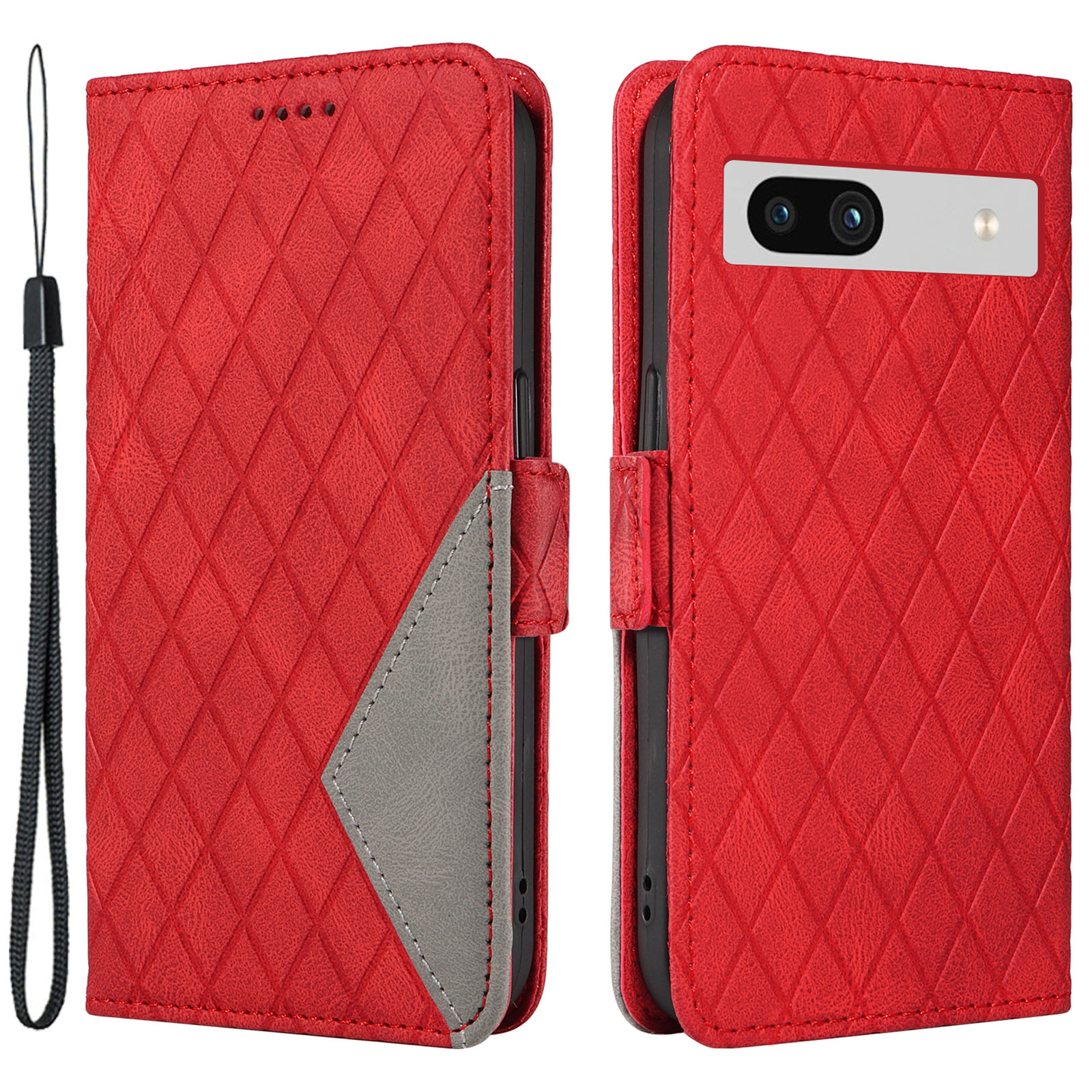 

Rhombus Eingeprägter Standhülle Für Google Pixel 7a Farbspleißen PU Leder Brieftasche Telefonabdeckung - Rot, Google Pixel 7a