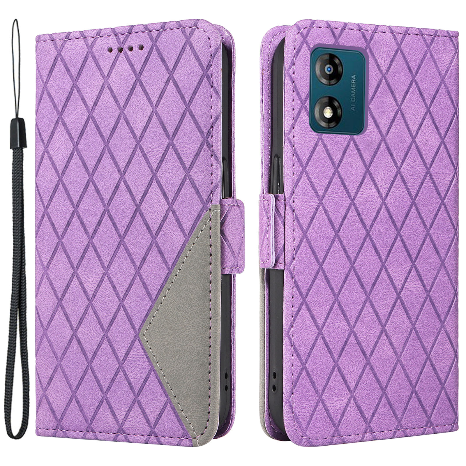 

Für Motorola Moto E13 4G Ständer Brieftasche PU Leder + TPU -telefonhülle Rhombus Eingeprägter Abdeckung - Lila, Motorola Moto E13 4G