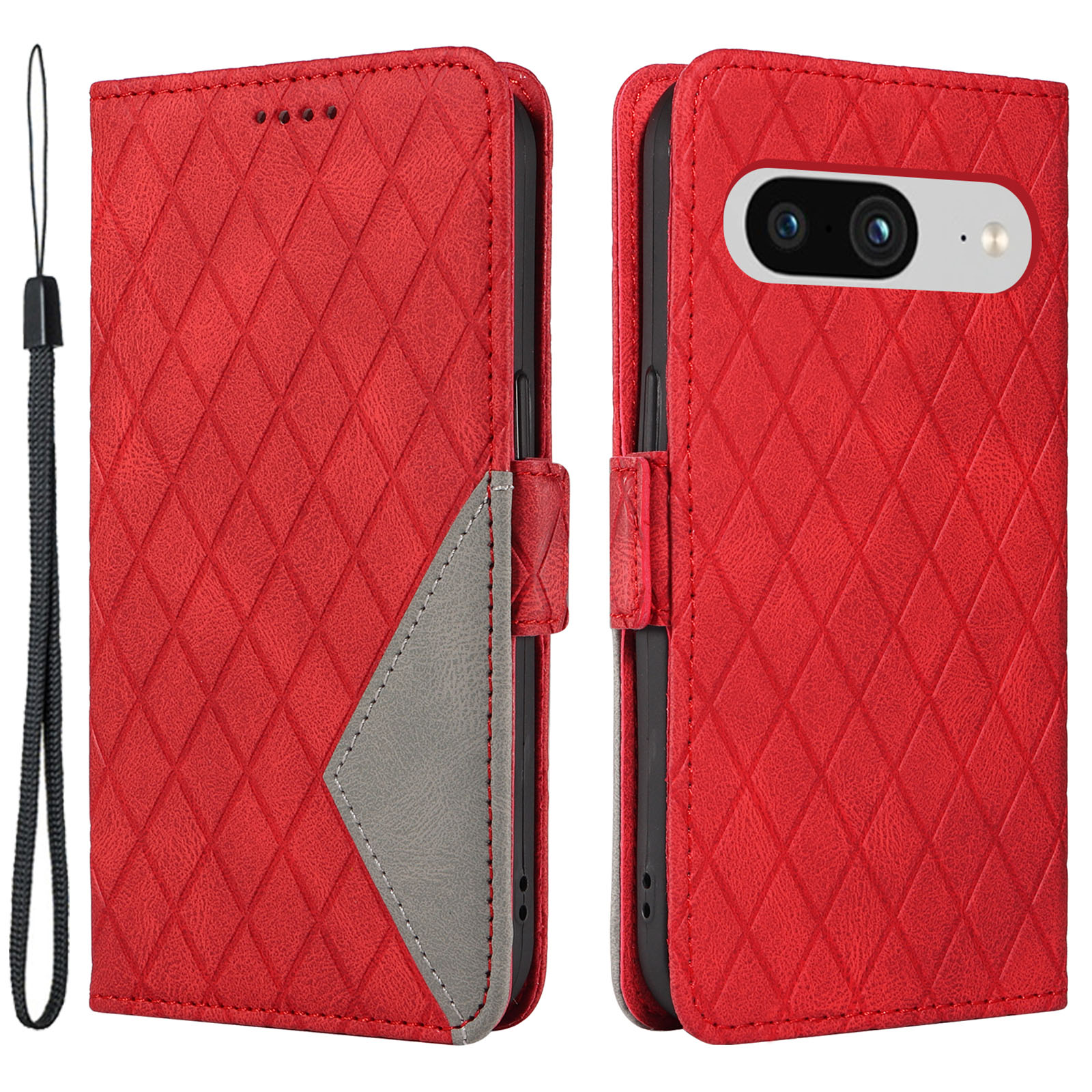 

Für Google Pixel 8 Rhombus Eingeprägtes Telefon Brieftasche Hülle PU Lederständer Telefonabdeckung - Rot, Google Pixel 8