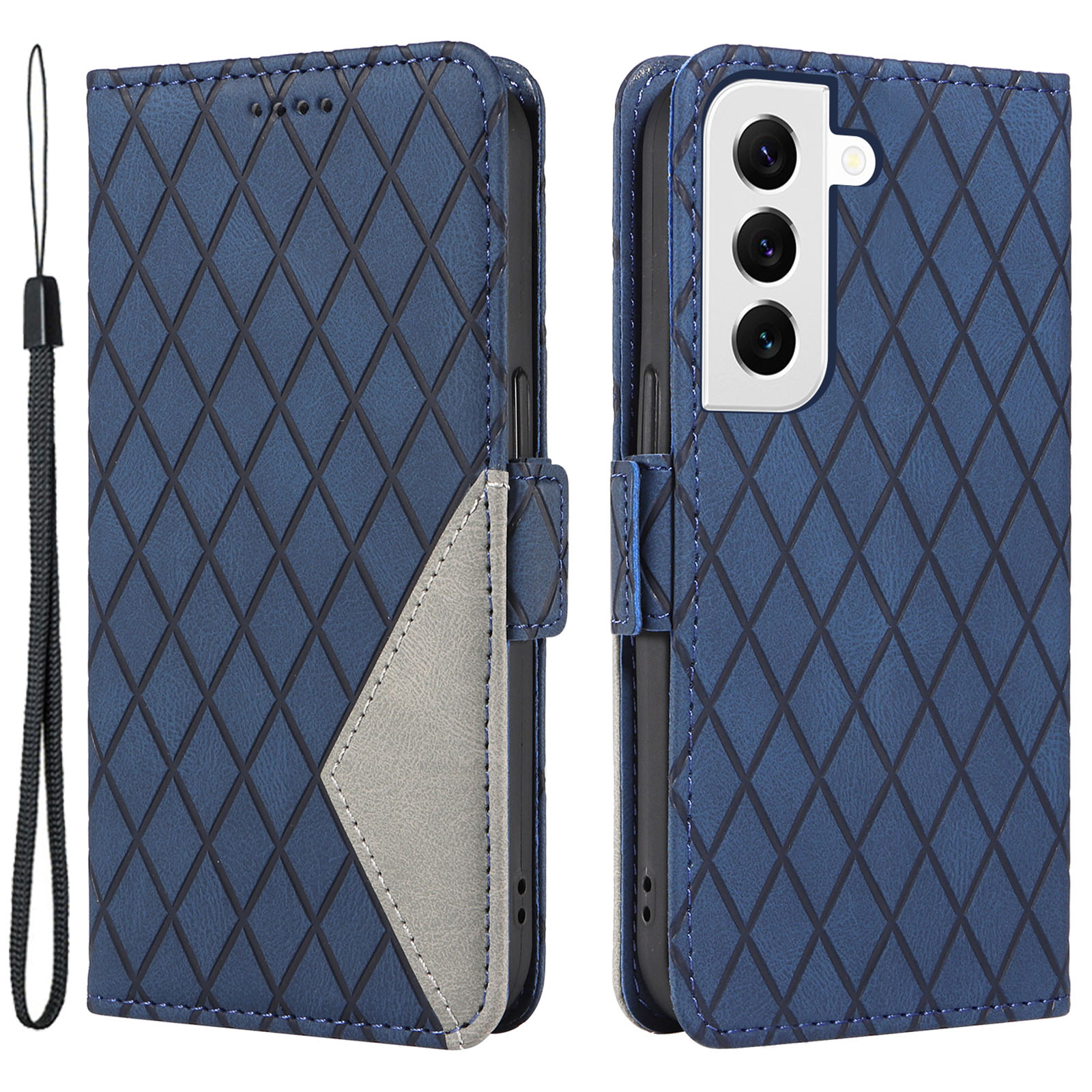 

Lederschale Für Samsung Galaxy S22+ 5G Telefonhülle Farbspleißen Rhombus Eingeprägter Brieftaschenstand Deckung - Blau, Galaxy S22+ 5G
