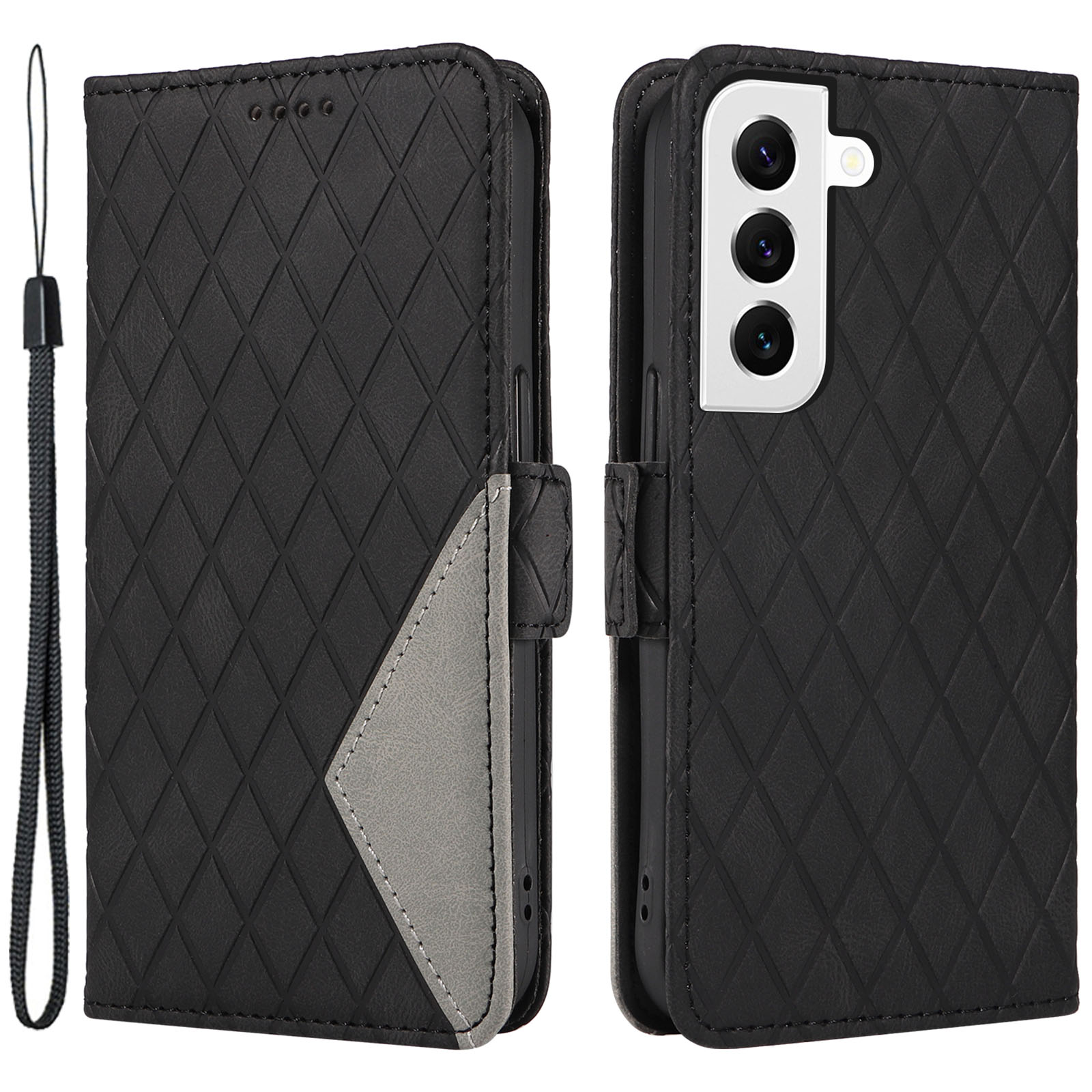 

Lederschale Für Samsung Galaxy S22+ 5G Telefonhülle Farbspleißen Rhombus Eingeprägter Brieftaschenstand Deckung - Schwarz, Galaxy S22+ 5G