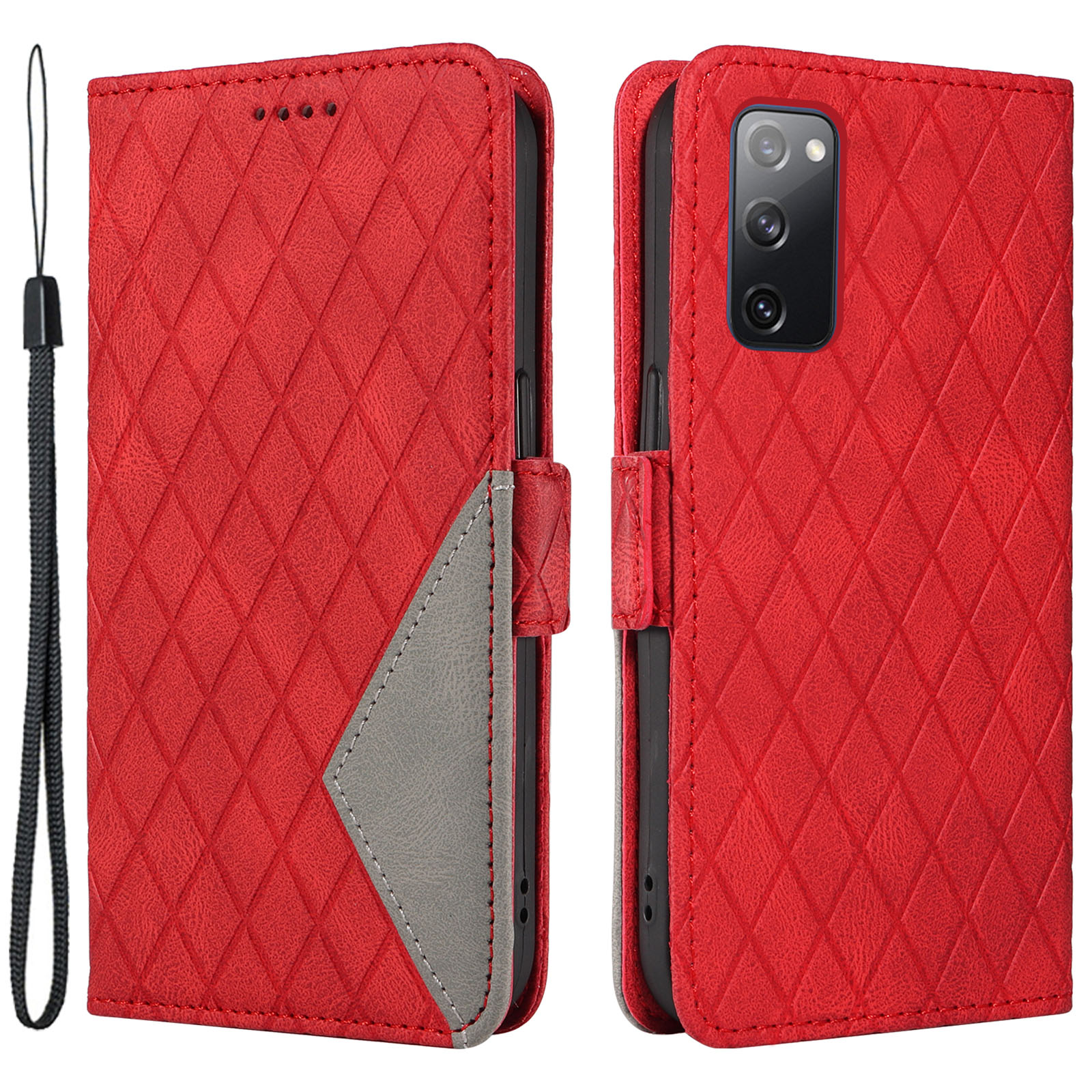 

Für Samsung Galaxy S20 fe / S20 fe 5g / S20 fe 2022 / S20 Lite Color Spleißen Lederhülle Rhombus Eingeprägter Brieftaschenstand Telefonabdeckung - Rot, Galaxy S20 FE 5G