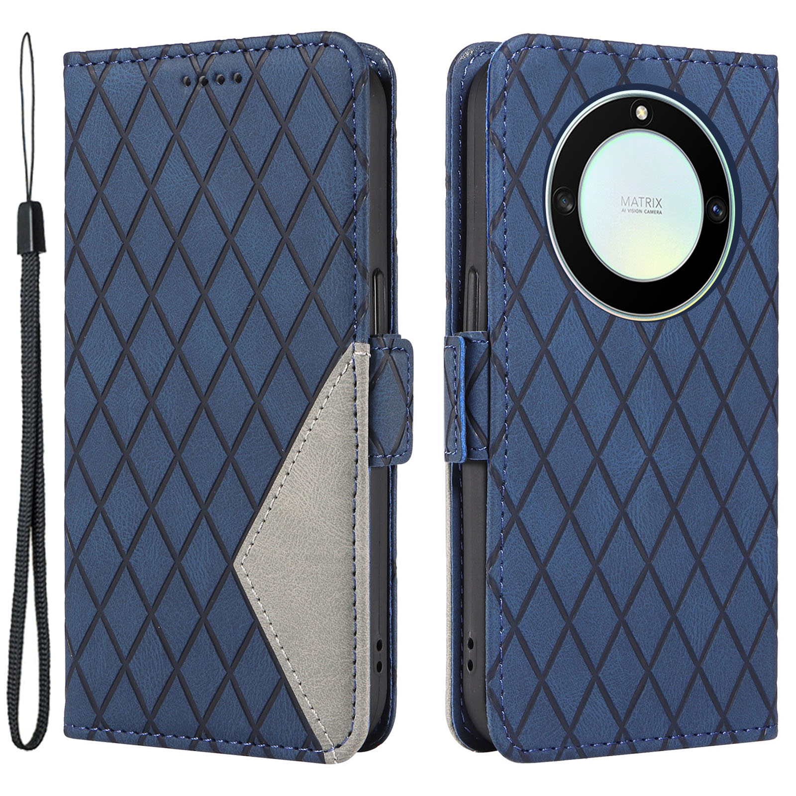 

Telefonleder -hülle Für Ehren X40 5g / X9a 5g / Magic5 Lite 5G Rhombus Eingeprägter Mobiltelefonständer Brieftaschenabdeckung - Blau, Honor X40 5G