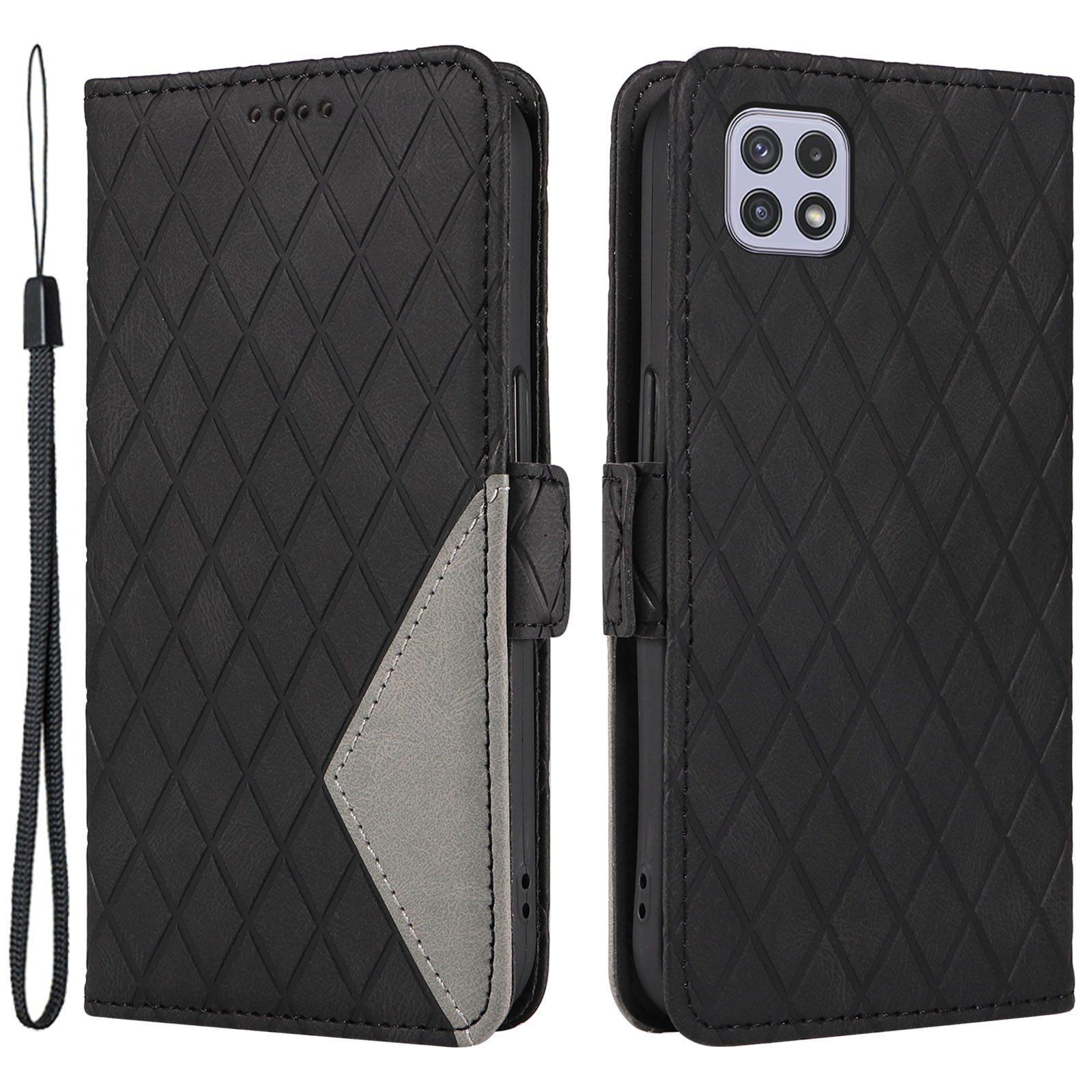 

Anti-kratzer-abdeckung Für Samsung Galaxy A22 5G (eu-version) Rhombus im Gedruckte Ständer Farbspleißen Telefon Leder Brieftasche - Schwarz, Galaxy A22 5G (EU Version)