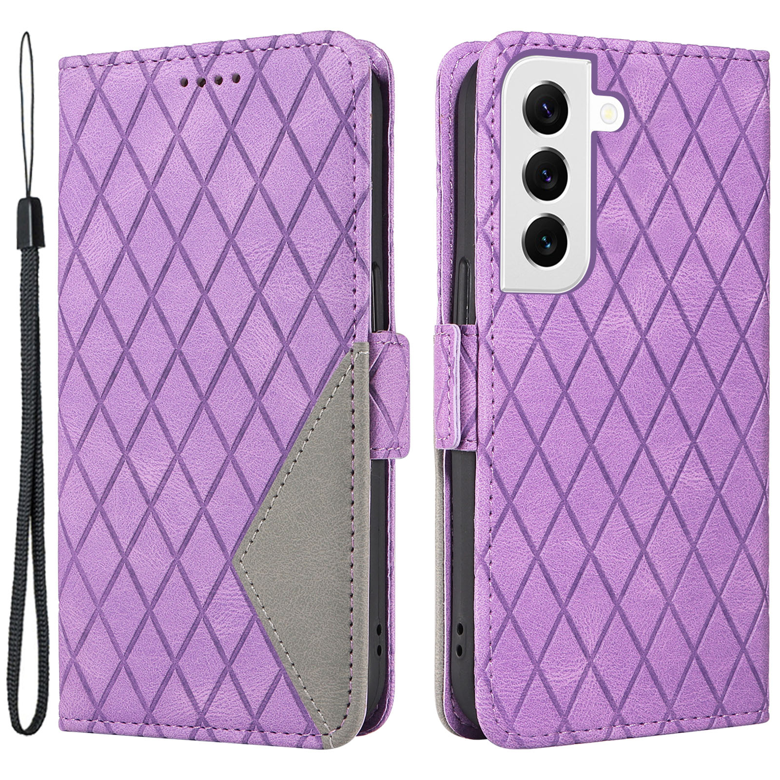 

Mobiltelefonabdeckung Für Samsung Galaxy S22 5G Rhombus Geprinktes Ständer Farbspleißen Telefon Leder Brieftasche - Lila, Galaxy S22 5G