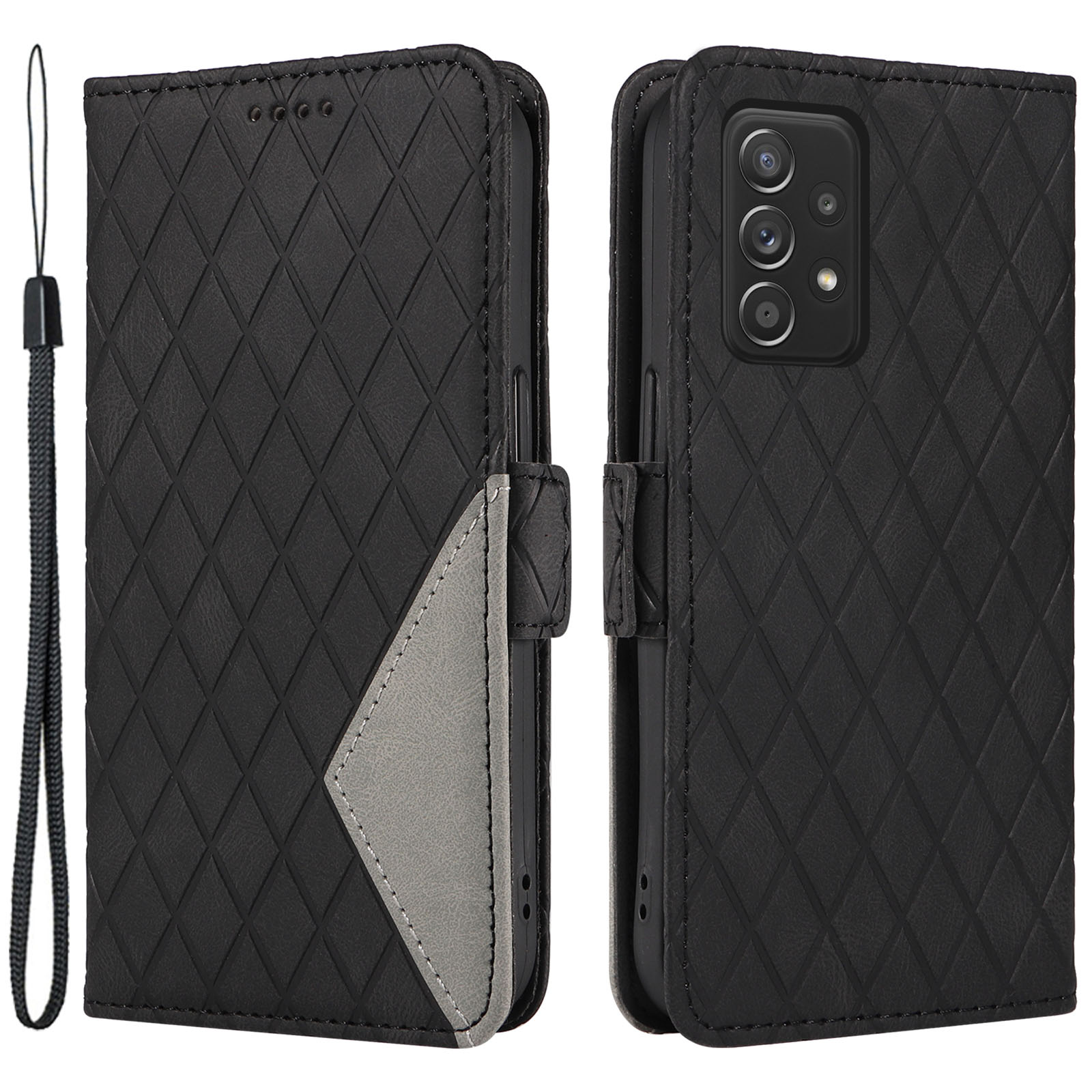 

Für Samsung Galaxy A52 4G / 5g / A52s 5G Farbspleißen Mobiltelefonabdeckung Rhombus Eingeprägter Lederständer Wallet Hülle - Schwarz, Galaxy A52 4G