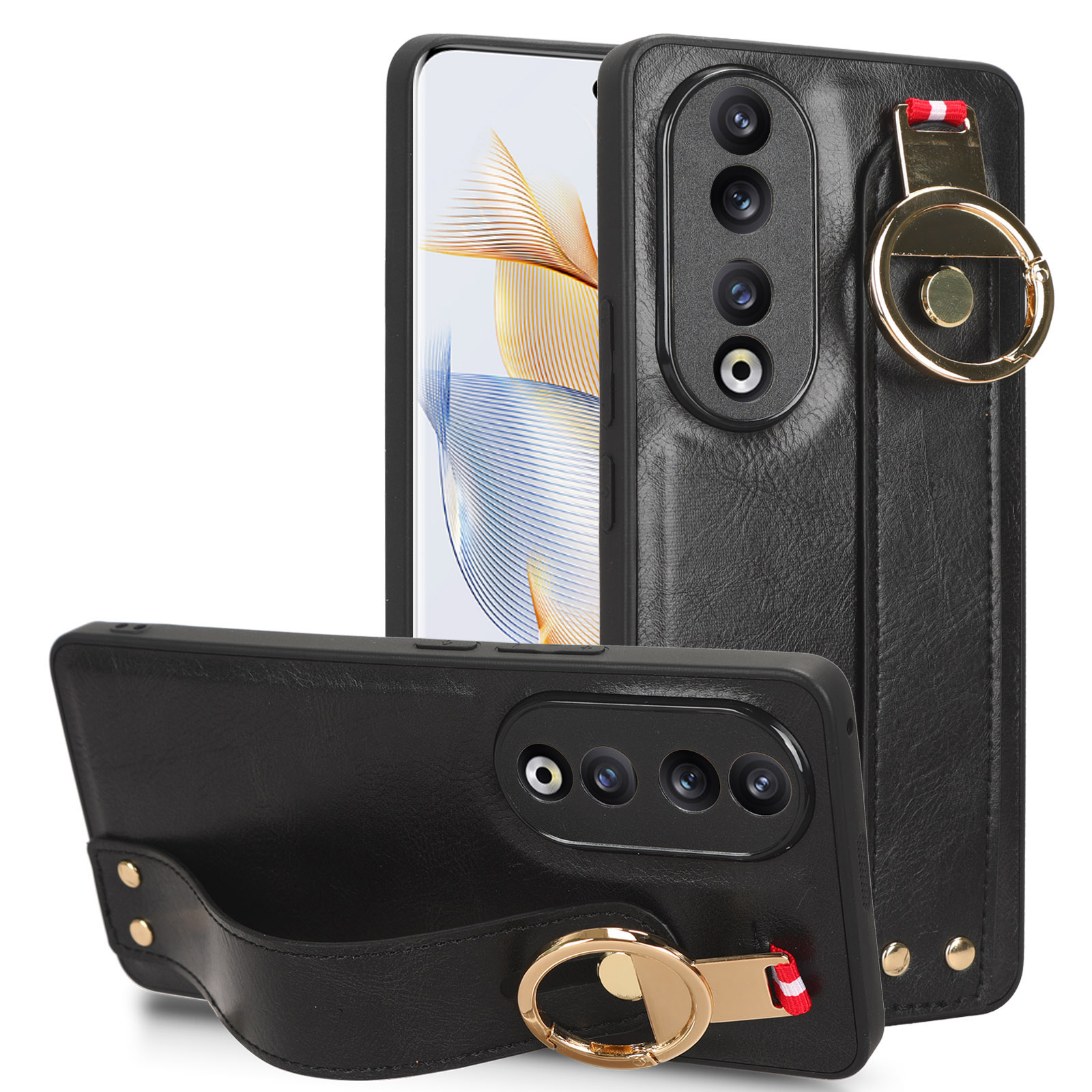 

Für Ehren 90 Pro -armband Kickstand Schutzkoffer Flasche Opener Design PU Leder+pc+tpu -telefonabdeckung - Schwarz, Honor 90 Pro