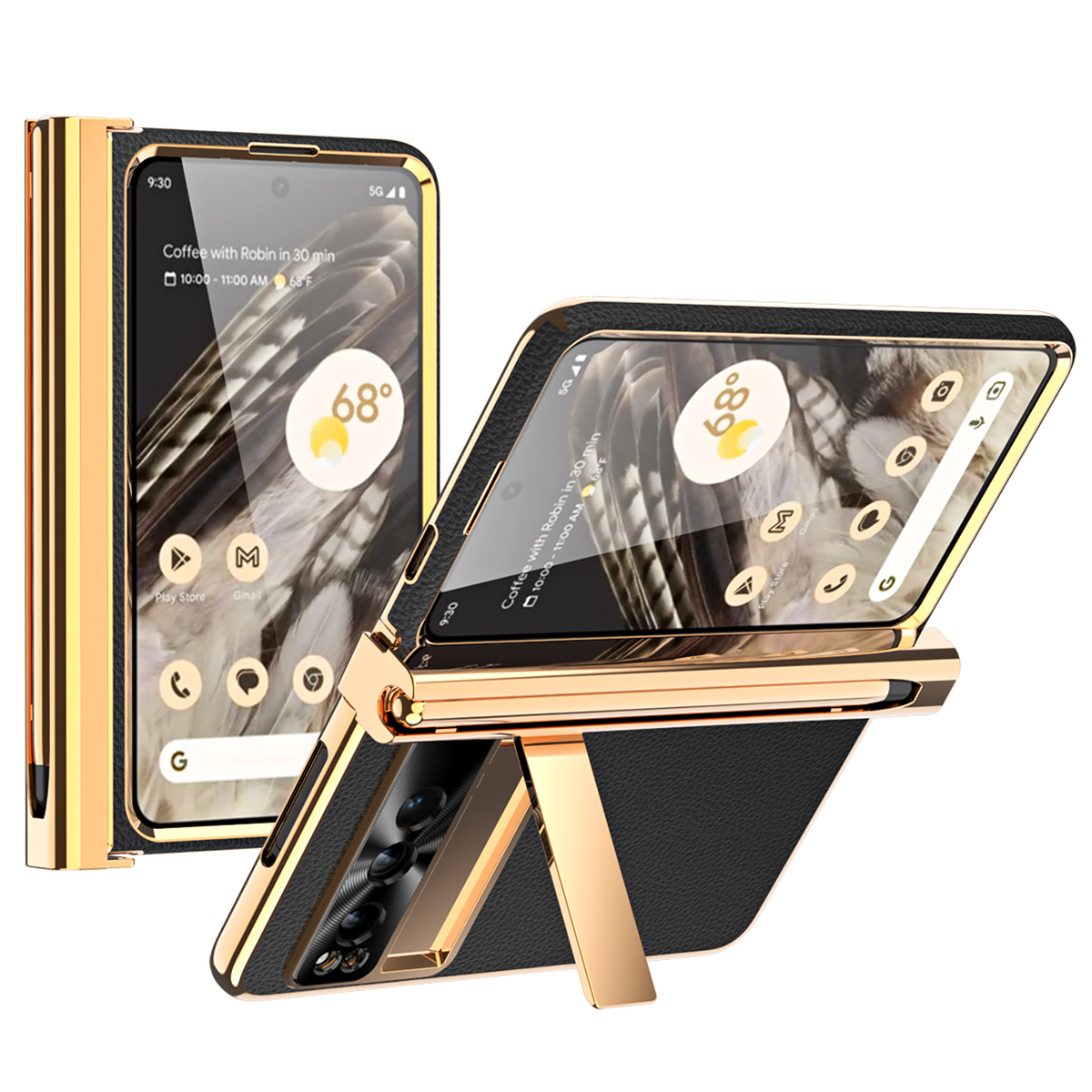 

Für Google Pixel Fold Scharnierschutz PU Leder+pc -hülle Kickstand -telefonabdeckung Mit Temperamentvollem Glasfilm / Stift - Blac, Google Pixel Fold