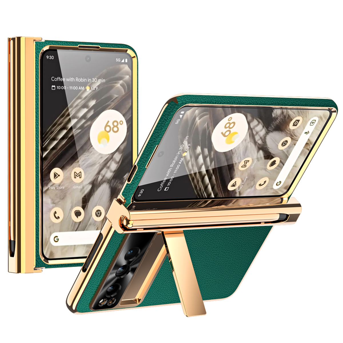 

Für Google Pixel Fold Scharnierschutz PU Leder+pc -hülle Kickstand -telefonabdeckung Mit Temperamentvollem Glasfilm / Stift - Grün, Google Pixel Fold