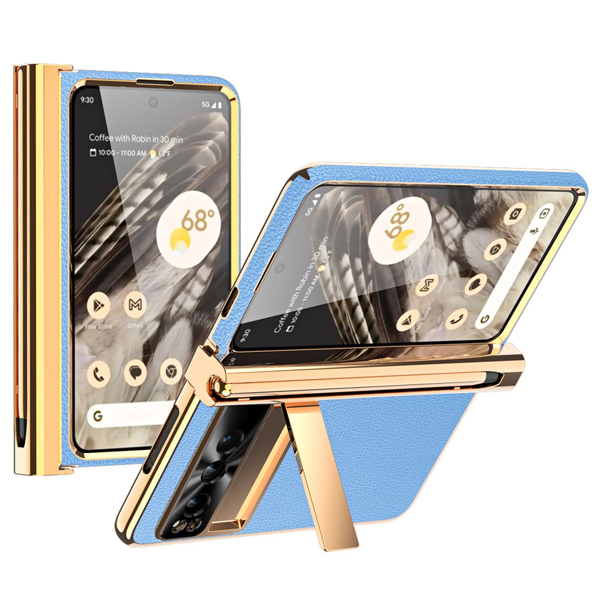 

Für Google Pixel Fold Scharnierschutz PU Leder+pc -hülle Kickstand -telefonabdeckung Mit Temperamentvollem Glasfilm / Stift - Baby Blau, Google Pixel Fold