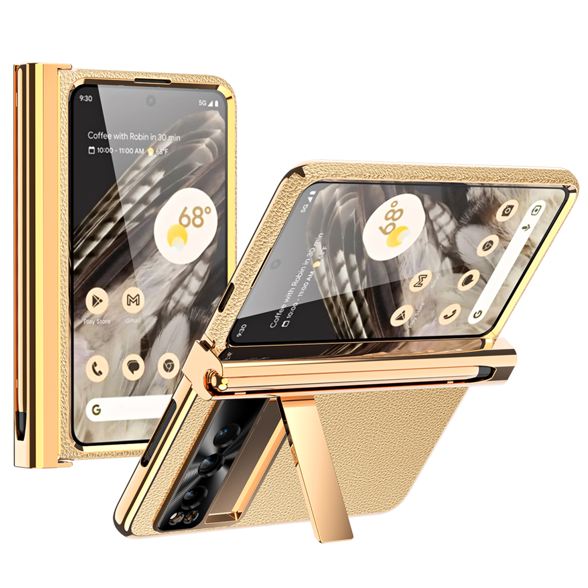 

Für Google Pixel Fold Scharnierschutz PU Leder+pc -hülle Kickstand -telefonabdeckung Mit Temperamentvollem Glasfilm / Stift - Gold, Google Pixel Fold