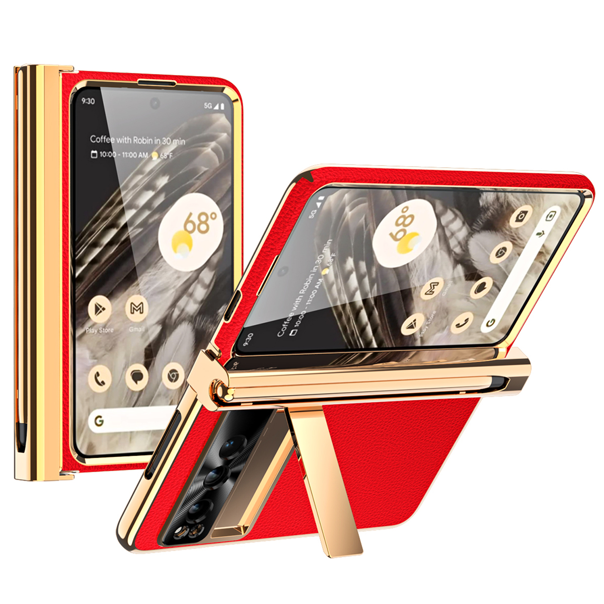 

Für Google Pixel Fold Scharnierschutz PU Leder+pc -hülle Kickstand -telefonabdeckung Mit Temperamentvollem Glasfilm / Stift - Rot, Google Pixel Fold