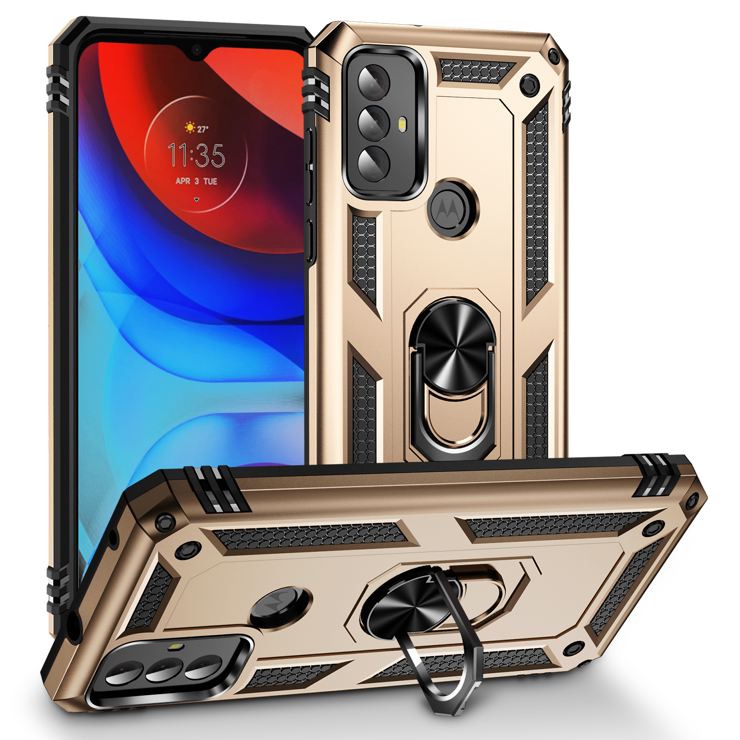 For Motorola Moto G Play (2023) Ring Holder Kickstand Phone Case PC+TPU Shockproof Cover - Gold