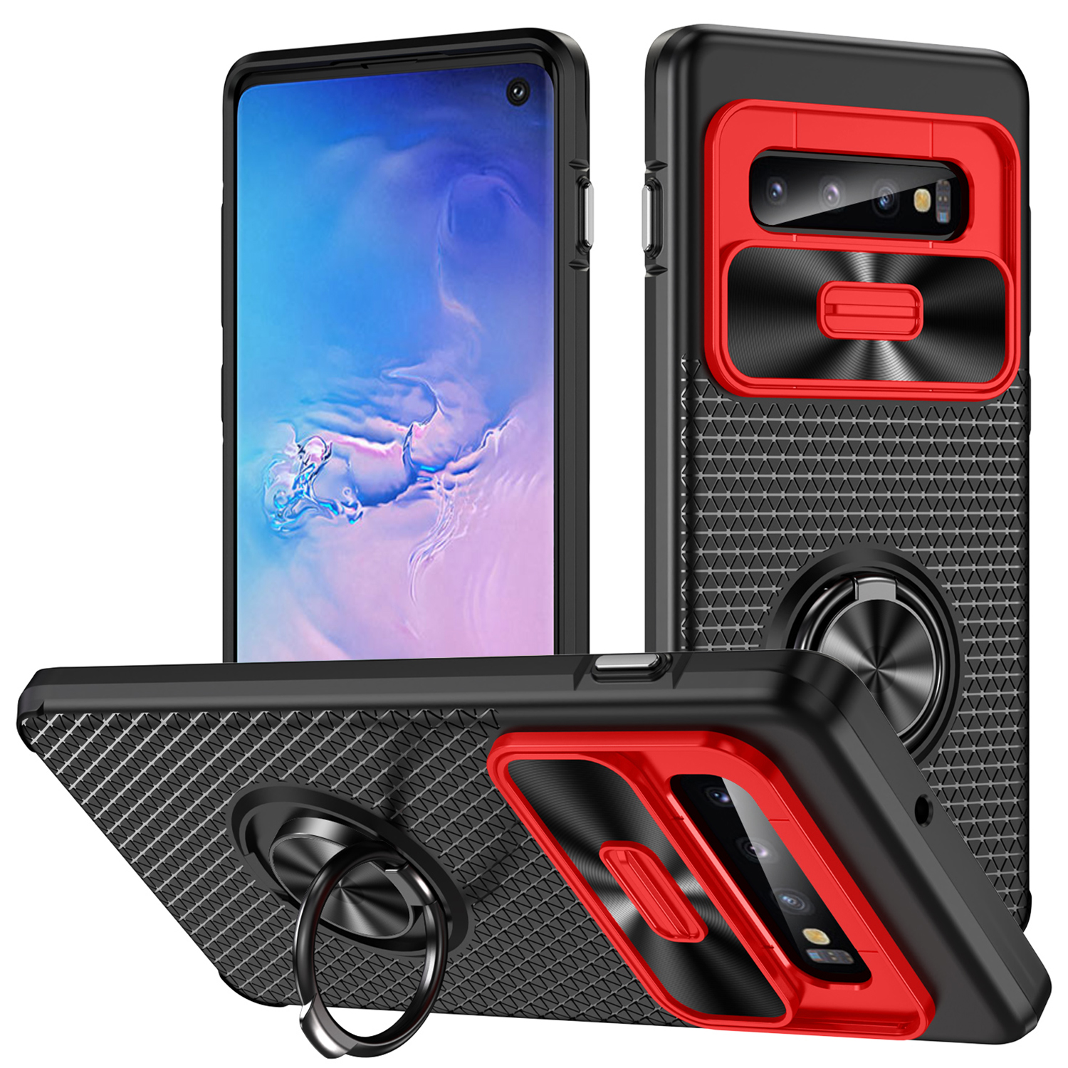 

Für Samsung Galaxy S10 Ring Kickstand Phone Hülle PC + TPU -rückzugabdeckung Mit Dia Camera Deckel - Rot+schwarz, Galaxy S10