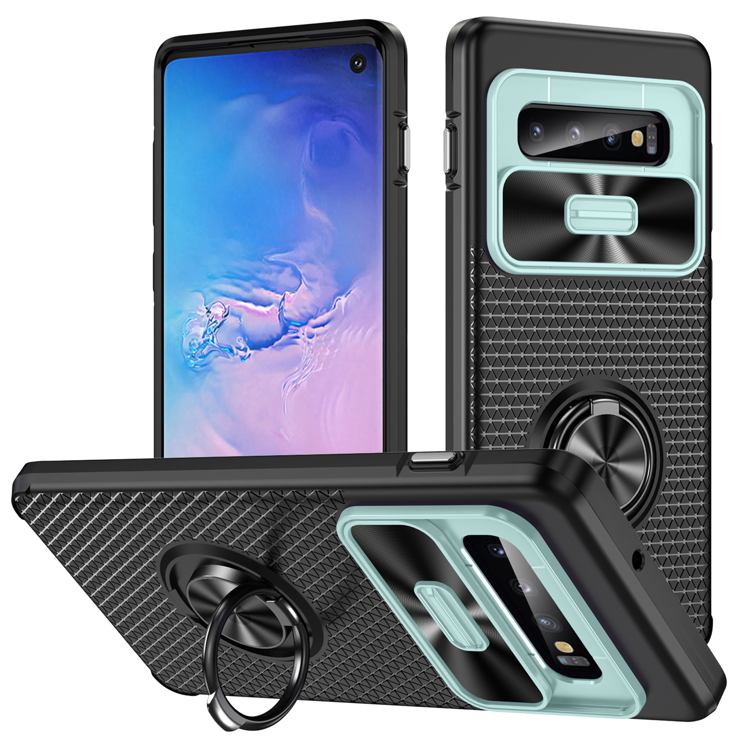 

Für Samsung Galaxy S10 Ring Kickstand Phone Hülle PC + TPU -rückzugabdeckung Mit Dia Camera Deckel - Grau Grün+schwarz, Galaxy S10