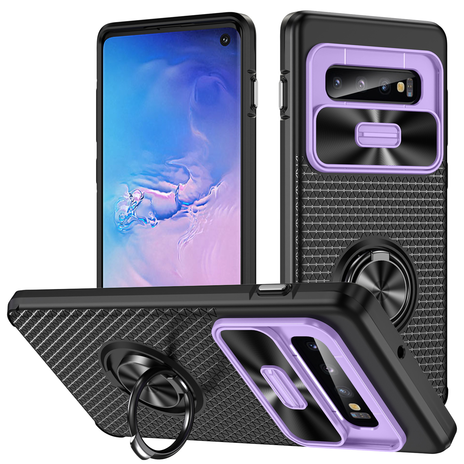 

Für Samsung Galaxy S10 Ring Kickstand Phone Hülle PC + TPU -rückzugabdeckung Mit Dia Camera Deckel - Lila+schwarz, Galaxy S10