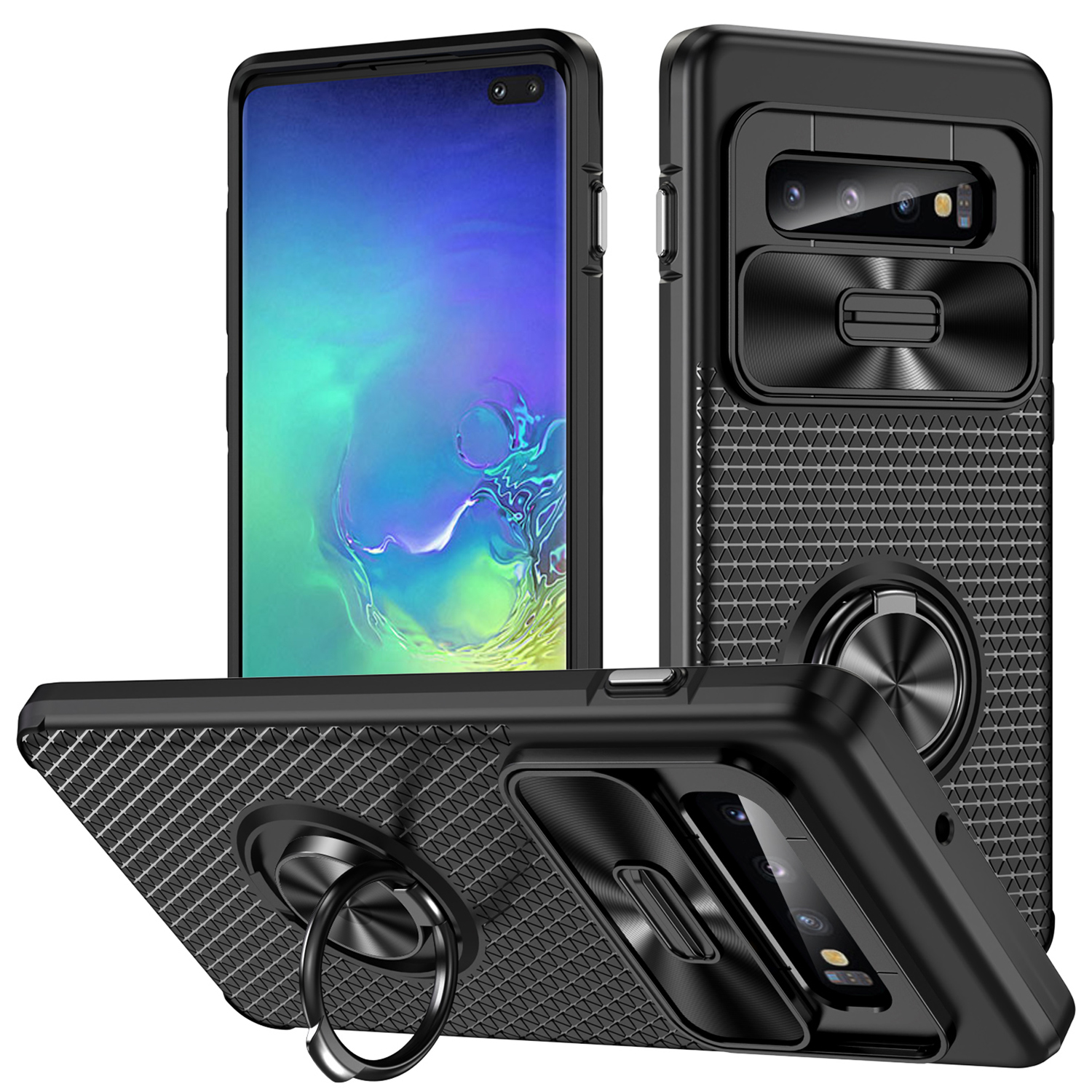 

Für Das Samsung Galaxy S10 Plus Ring Kickstand Phone Case Dia Camera Protection PC + TPU Anti-drop-abdeckung - Schwarz, Galaxy S10 Plus