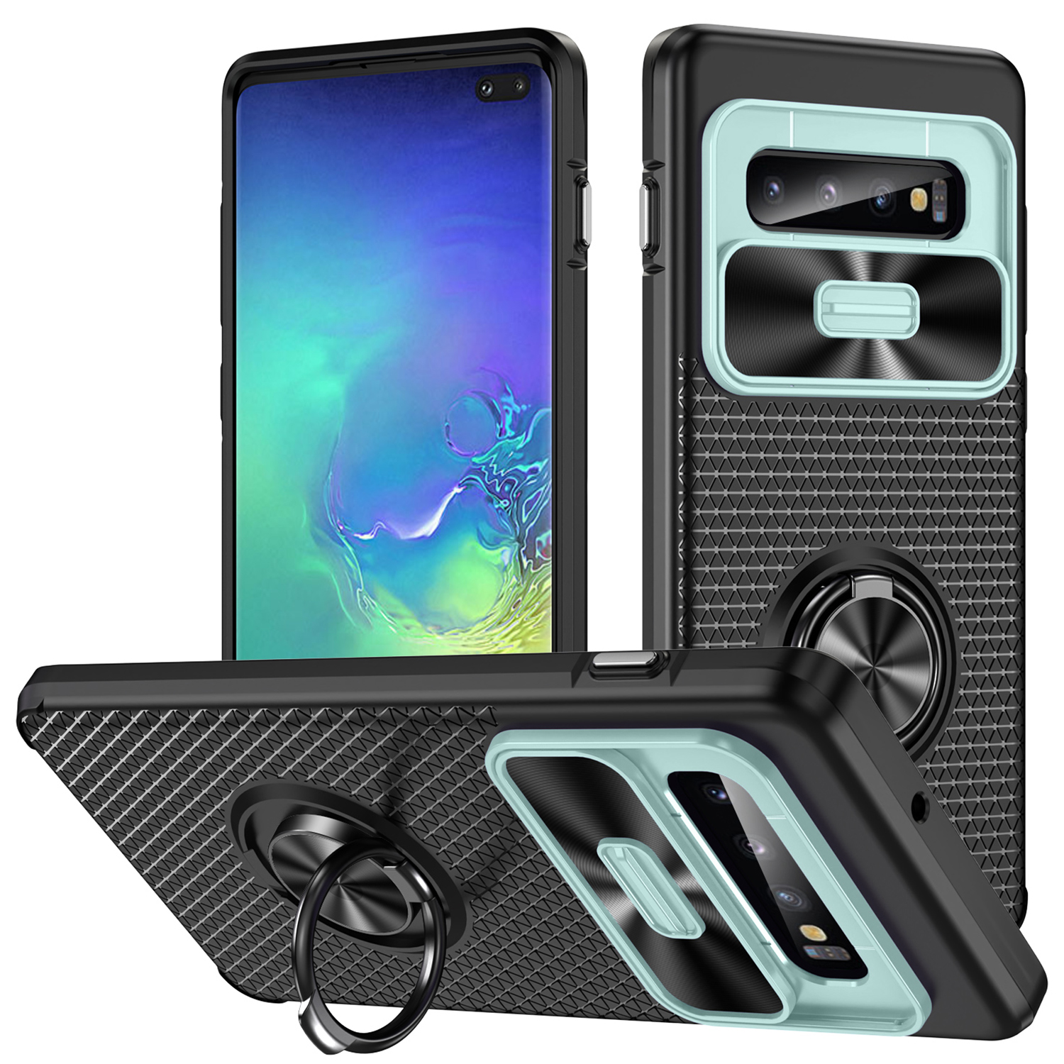 

Für Das Samsung Galaxy S10 Plus Ring Kickstand Phone Case Dia Camera Protection PC + TPU Anti-drop-abdeckung - Grau Grün+schwarz, Galaxy S10 Plus