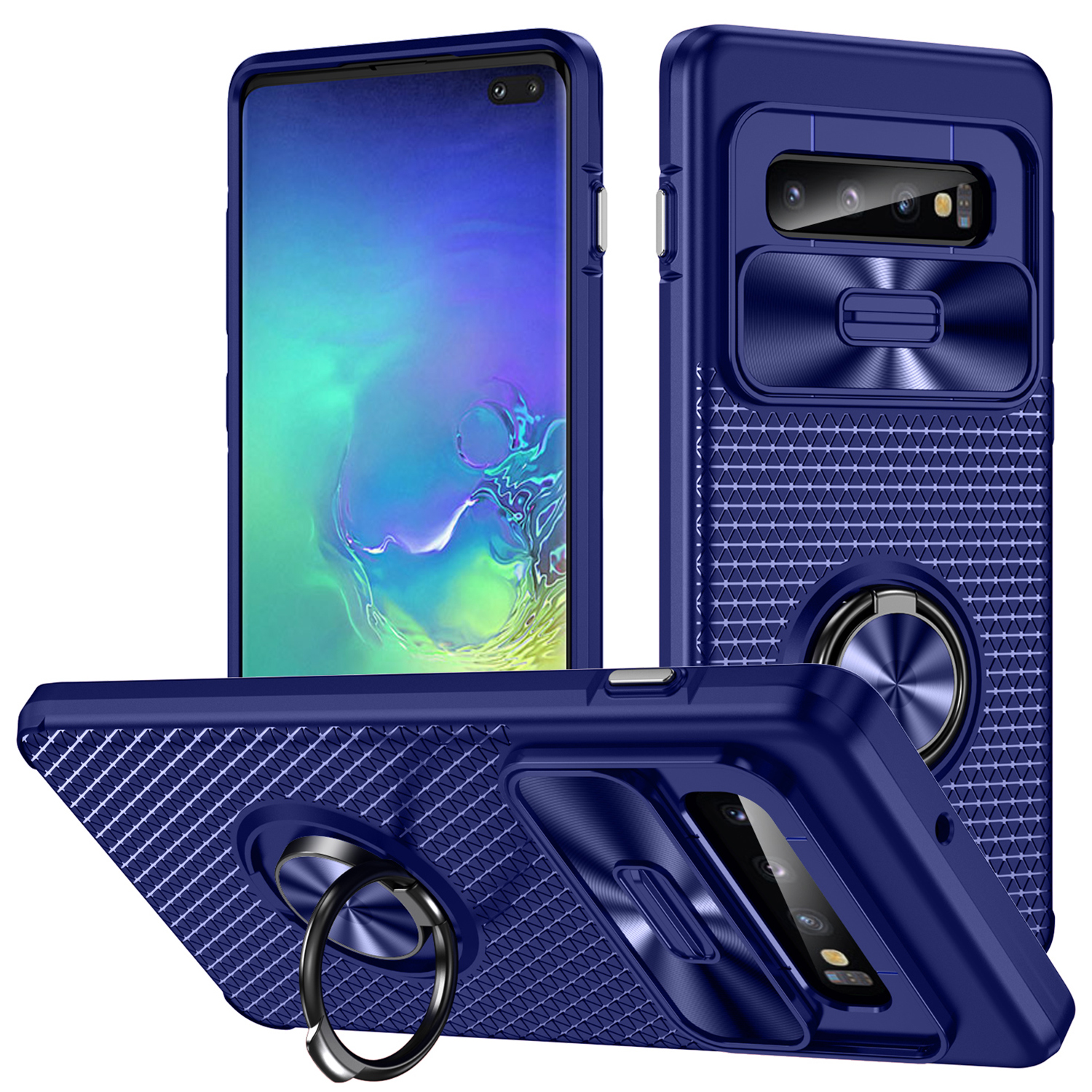 

Für Das Samsung Galaxy S10 Plus Ring Kickstand Phone Case Dia Camera Protection PC + TPU Anti-drop-abdeckung - Saphir+blau, Galaxy S10 Plus