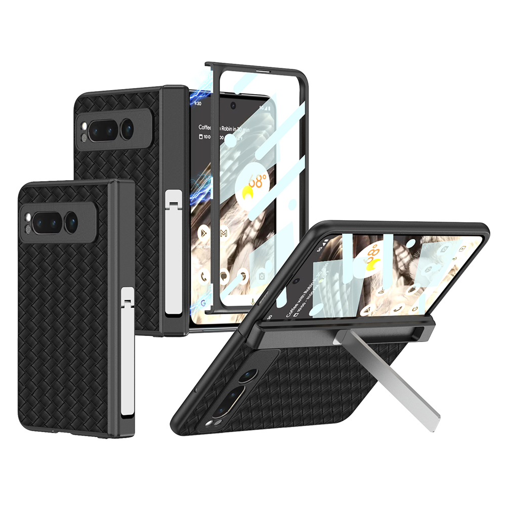 

GKK Für Google Pixel Fold PU Leder+pc Kickstand Phone Hülle Gewebte Textur Magnetischer Scharnierschutzabdeckung Mit Temperiertem Glasfilm - Schwarz, Google Pixel Fold