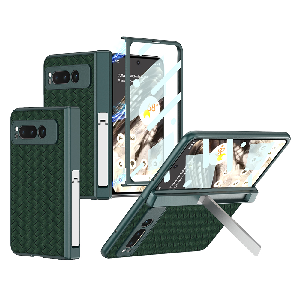 

GKK Für Google Pixel Fold PU Leder+pc Kickstand Phone Hülle Gewebte Textur Magnetischer Scharnierschutzabdeckung Mit Temperiertem Glasfilm - Grün, Google Pixel Fold