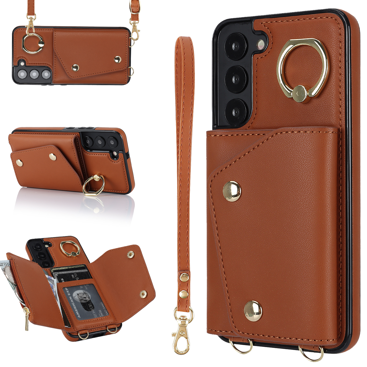 

Reißverschluss Brieftaschenhülle Für Samsung Galaxy S22+ 5G PU Lederbeschichtete TPU -ring -kickstand -telefonabdeckung - Braun, Galaxy S22+ 5G