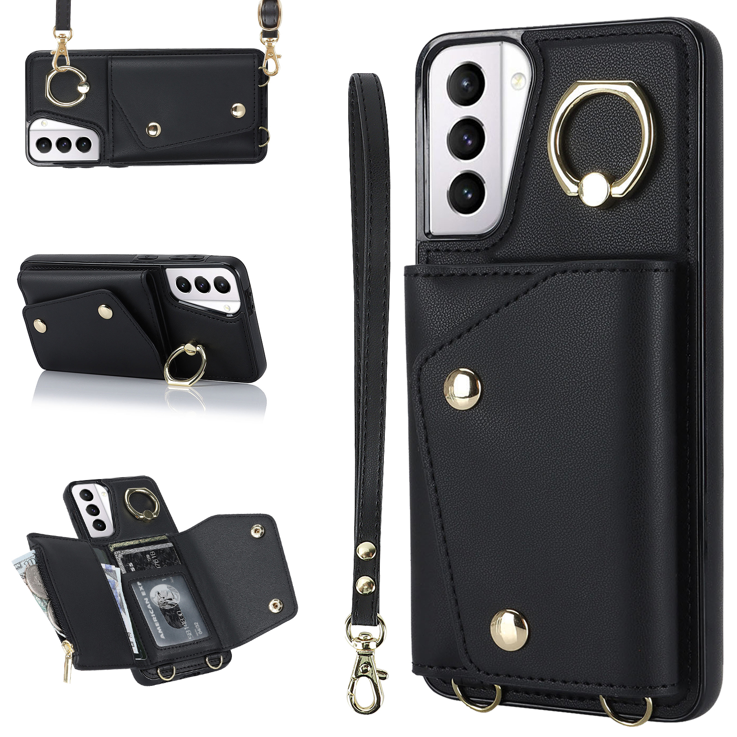 

Für Samsung Galaxy S21 4G / 5G Kickstand Hülle Reißverschluss Brieftasche PU Lederbeschichtete TPU Crossbody Telefonabdeckung - Schwarz, Galaxy S21 5G