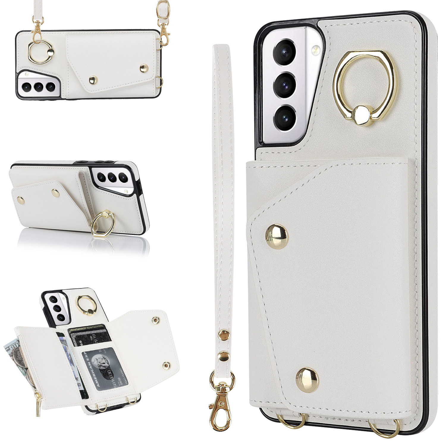 

Für Samsung Galaxy S21 4G / 5G Kickstand Hülle Reißverschluss Brieftasche PU Lederbeschichtete TPU Crossbody Telefonabdeckung - Weiss, Galaxy S21 5G