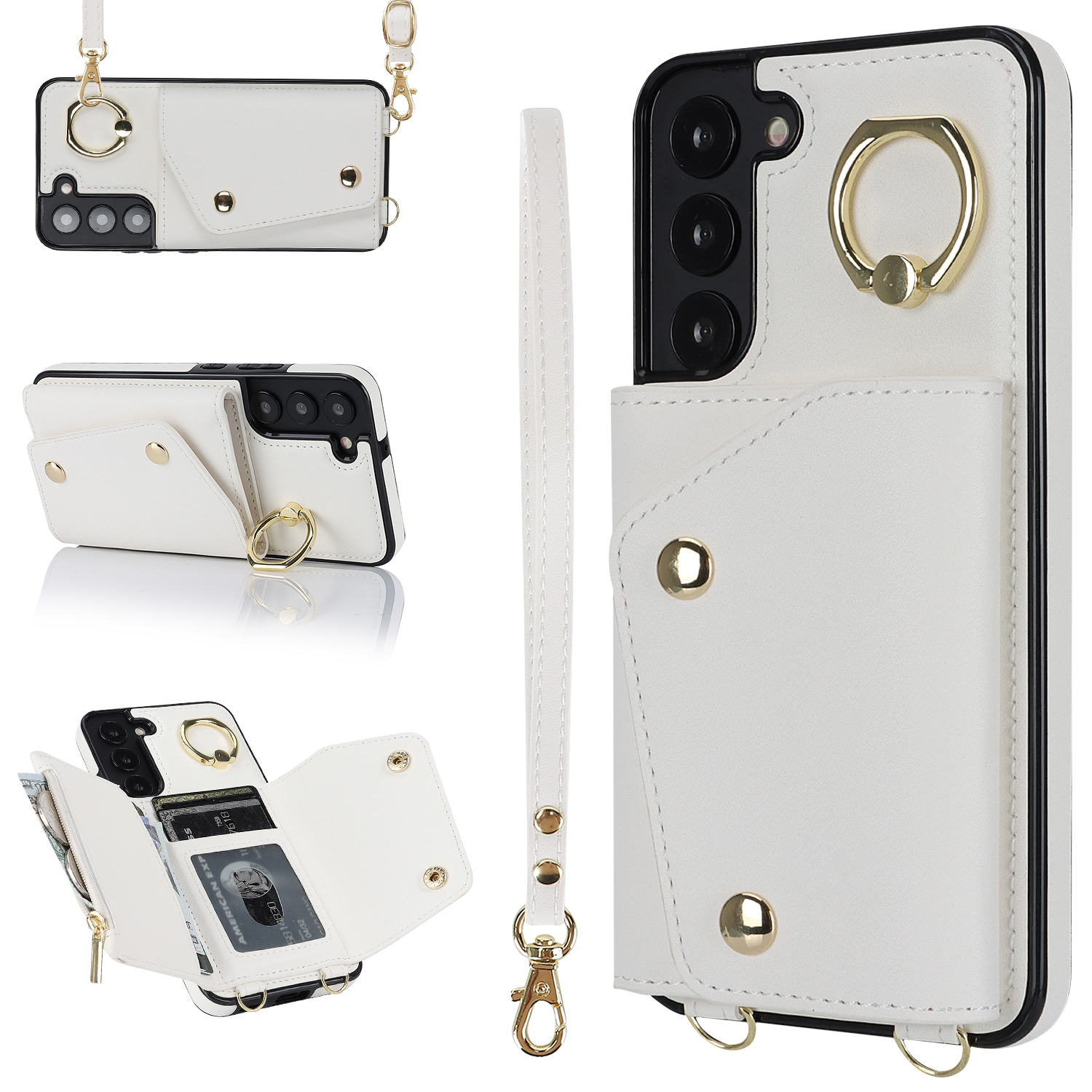 

Für Samsung Galaxy S22 5G Reißverschluss Brieftasche Telefonabdeckung Rotary Ring Kickstand PU Lederbeschichtete TPU -hülle - Weiss, Galaxy S22 5G