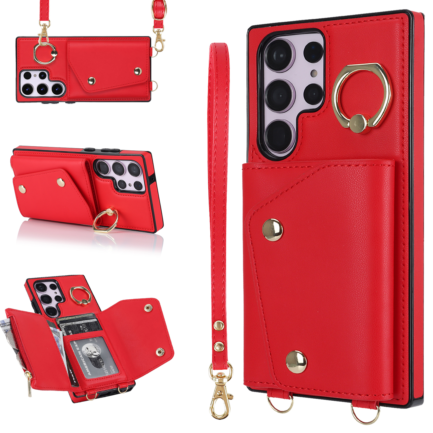 

Für Samsung Galaxy S23 Ultra Ring Kickstand Reißverschluss Brieftasche PU Leder + TPU -telefonabdeckung - Rot, Galaxy S23 Ultra